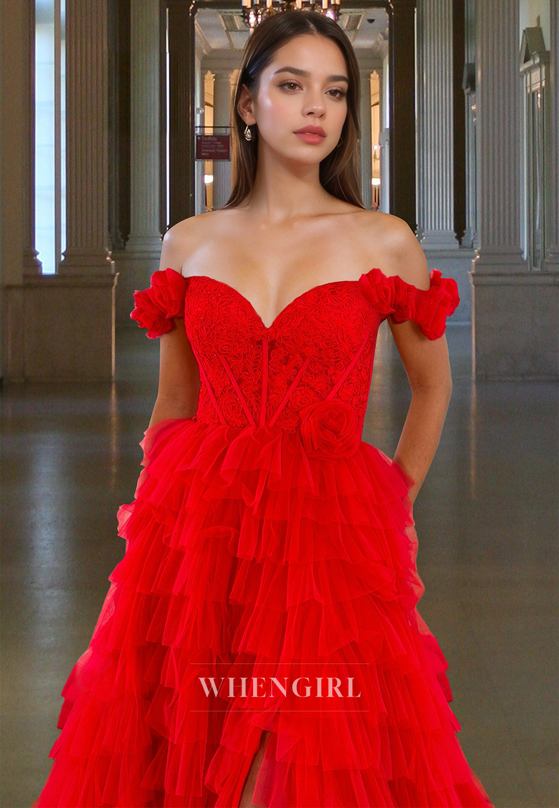 Striking A-Line Off-Shoulder Appliques Tiered Lace Ball Gowns with Floral Party Dress
