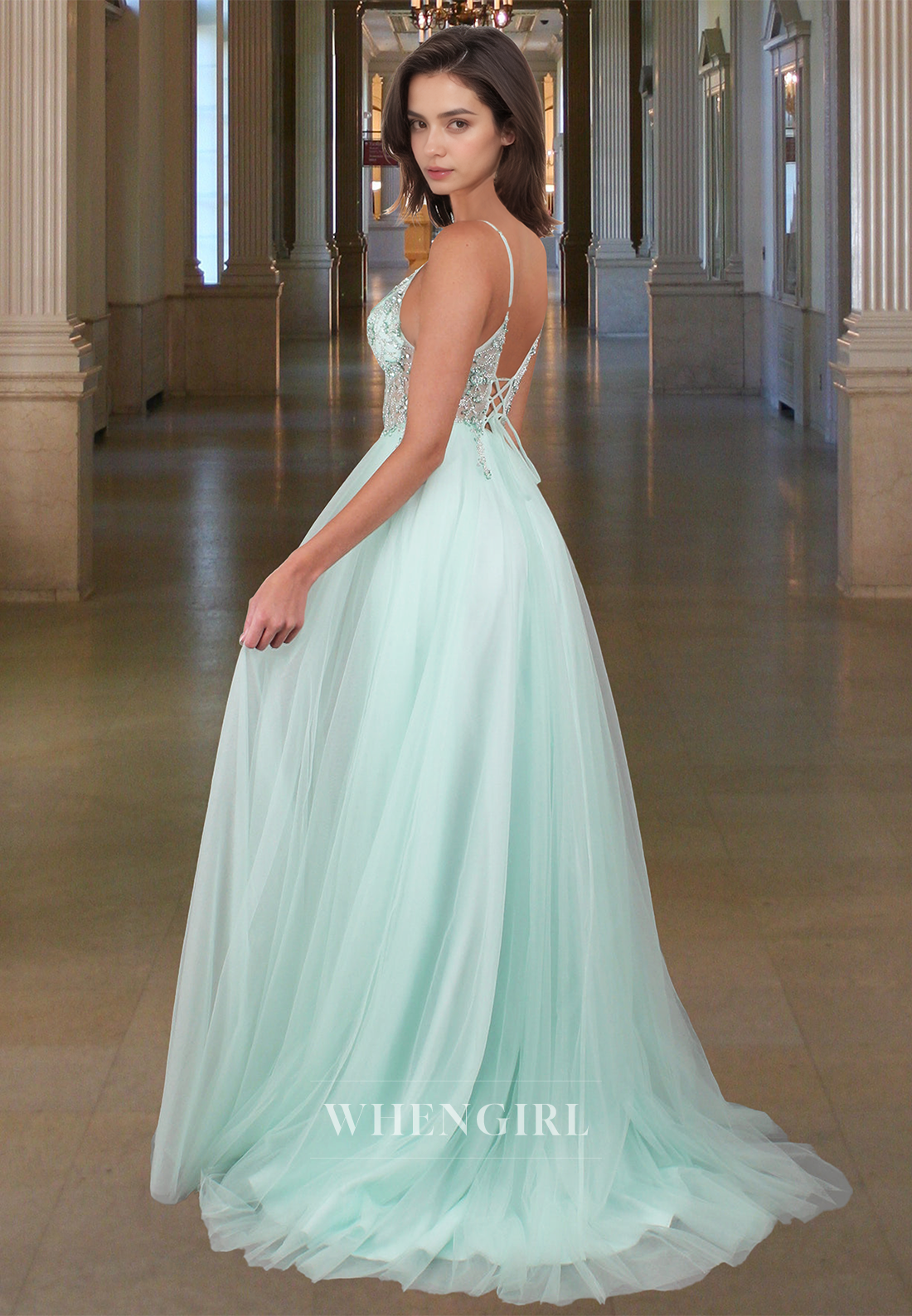 Vintage A-Line V-Neck Spaghetti Straps Beaded Lace Prom Party Dress with Slit