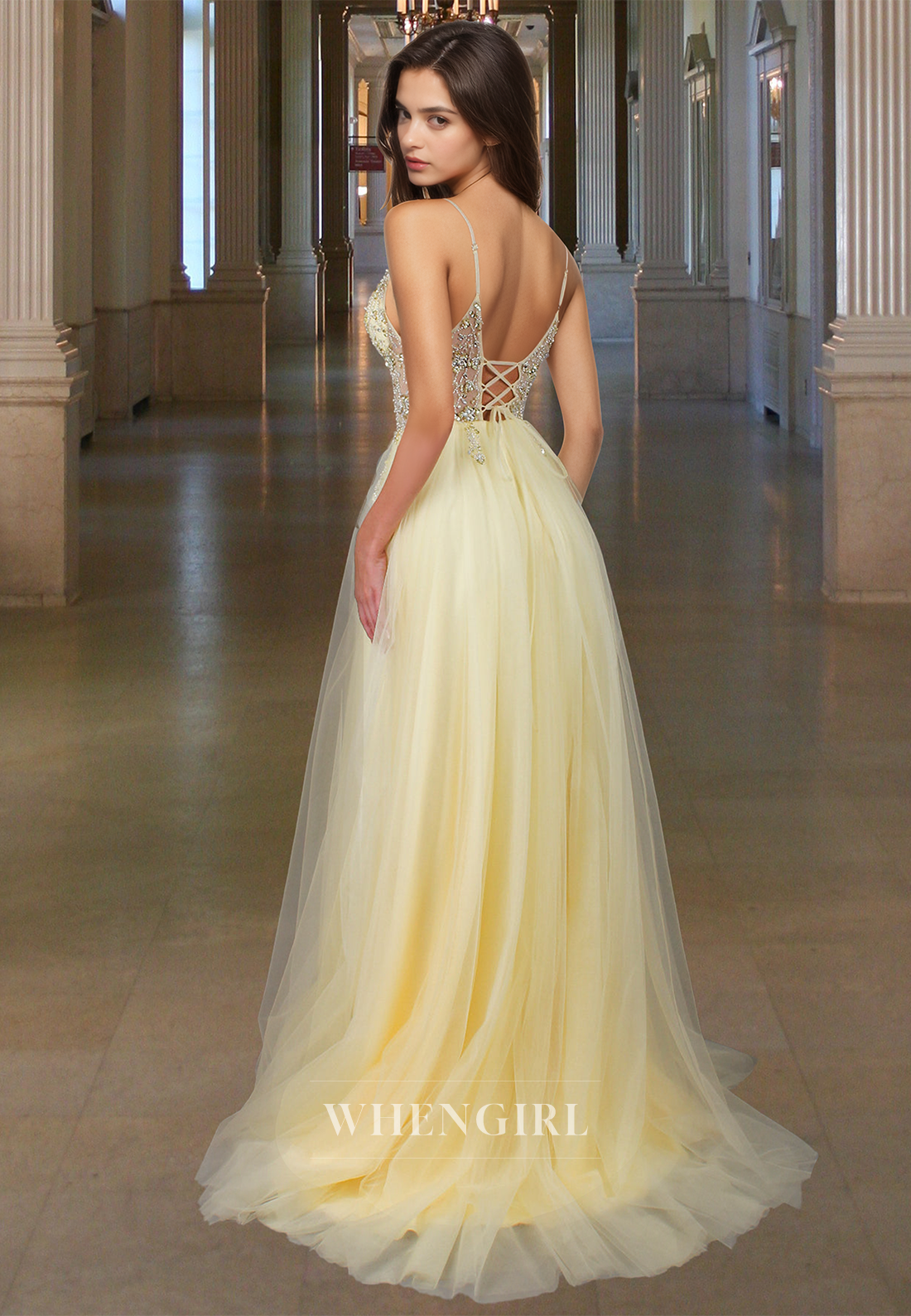 Vintage A-Line V-Neck Spaghetti Straps Beaded Lace Prom Party Dress with Slit