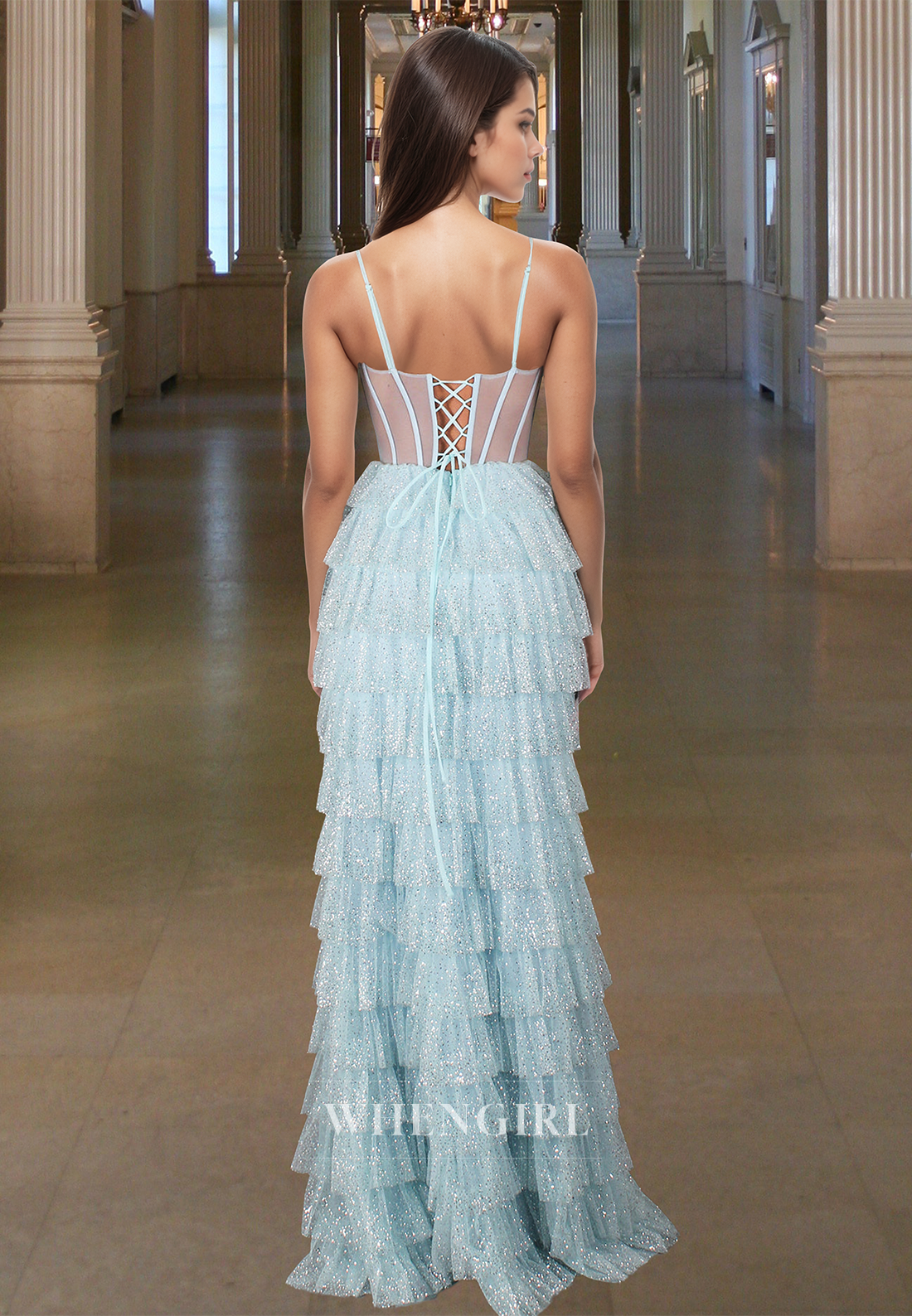 Sparkly Sweetheart Spaghetti Straps Pleated Tiered Glitter Knit A-Line Prom Party Dress