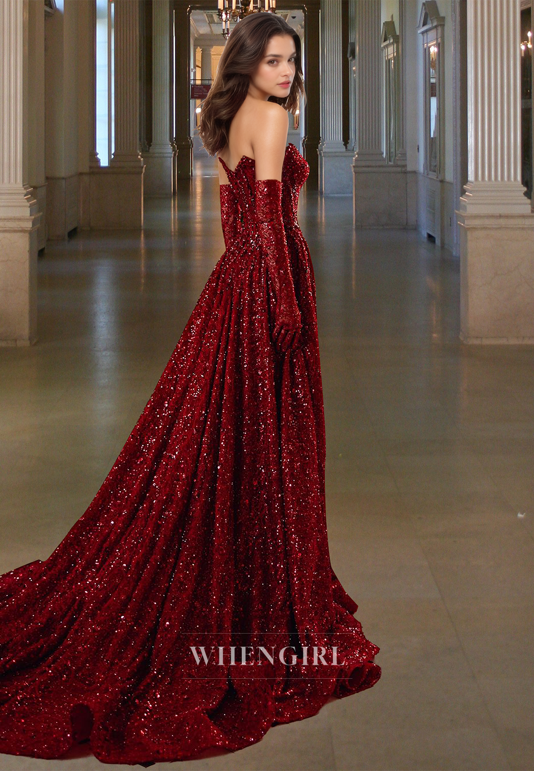 Glamorous Long Sleeves A-Line Sweetheart Sequin Evening Party Gowns with Slit