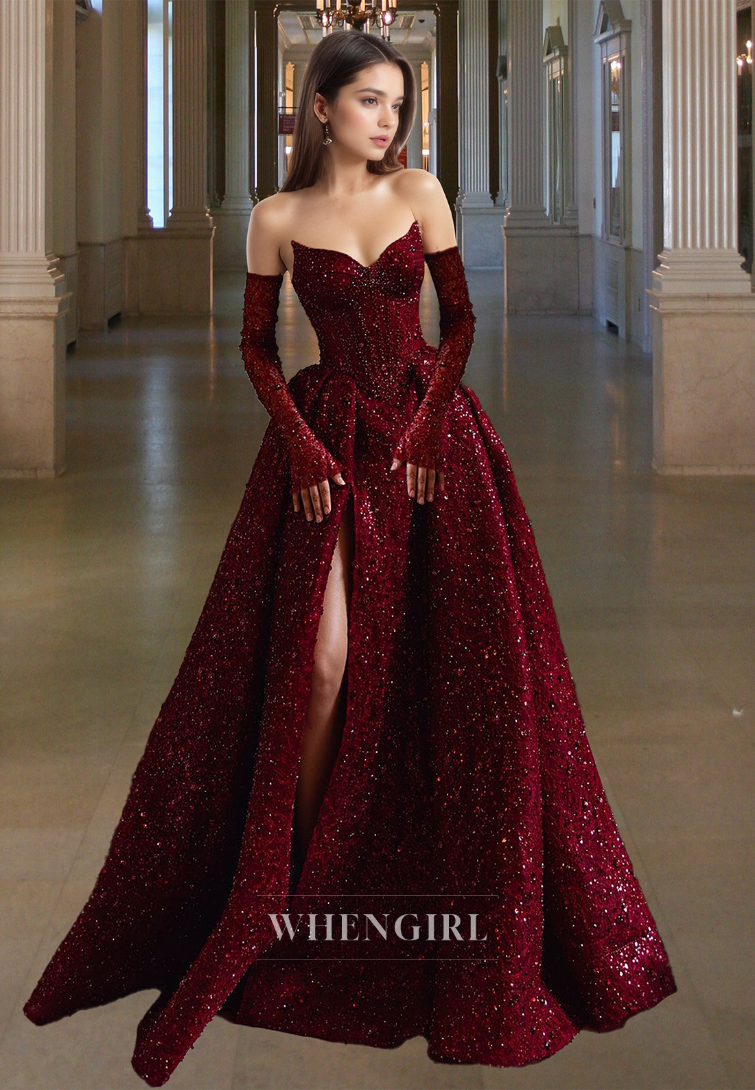 Glamorous Long Sleeves A-Line Sweetheart Sequin Evening Party Gowns with Slit