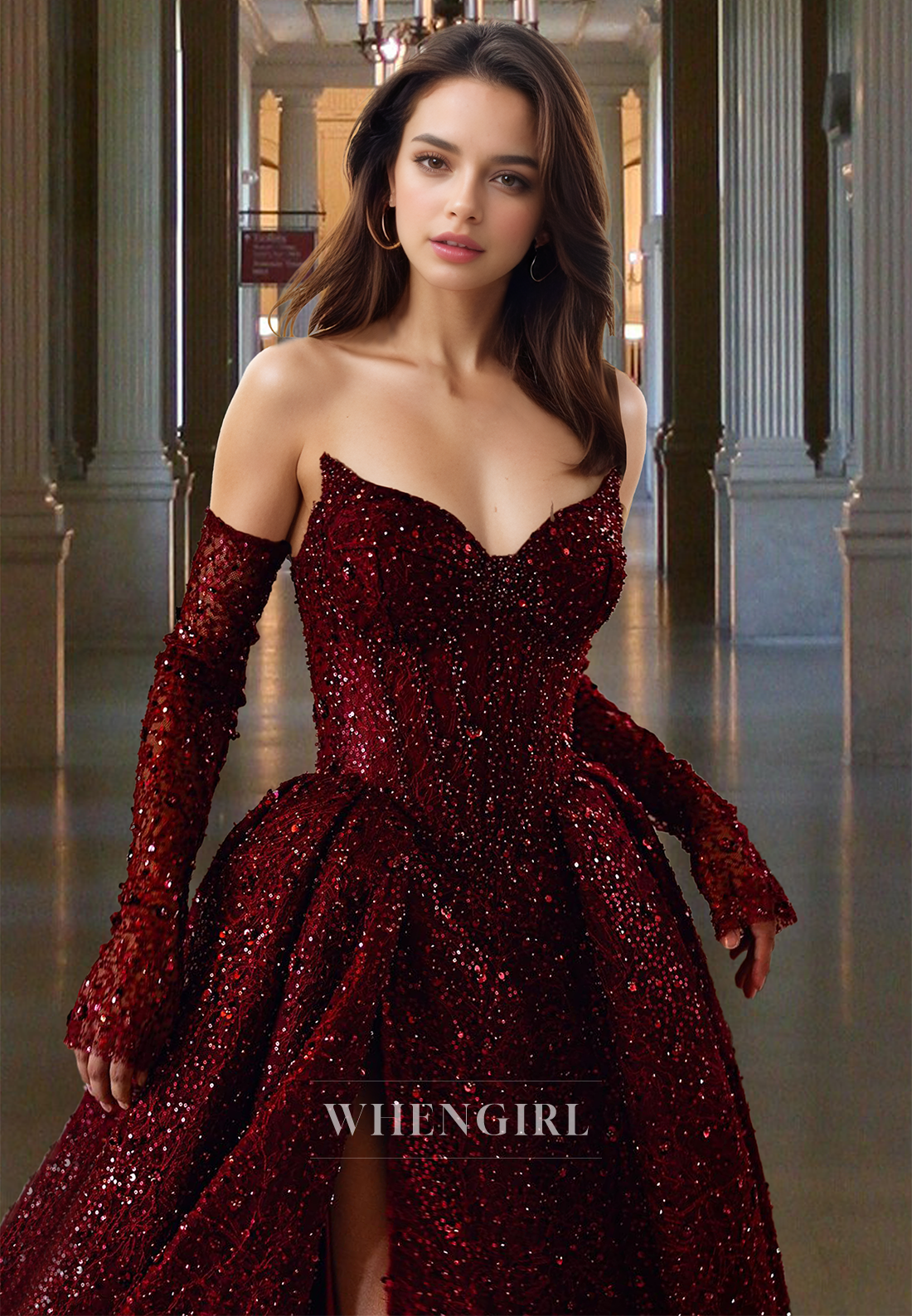 Glamorous Long Sleeves A-Line Sweetheart Sequin Evening Party Gowns with Slit