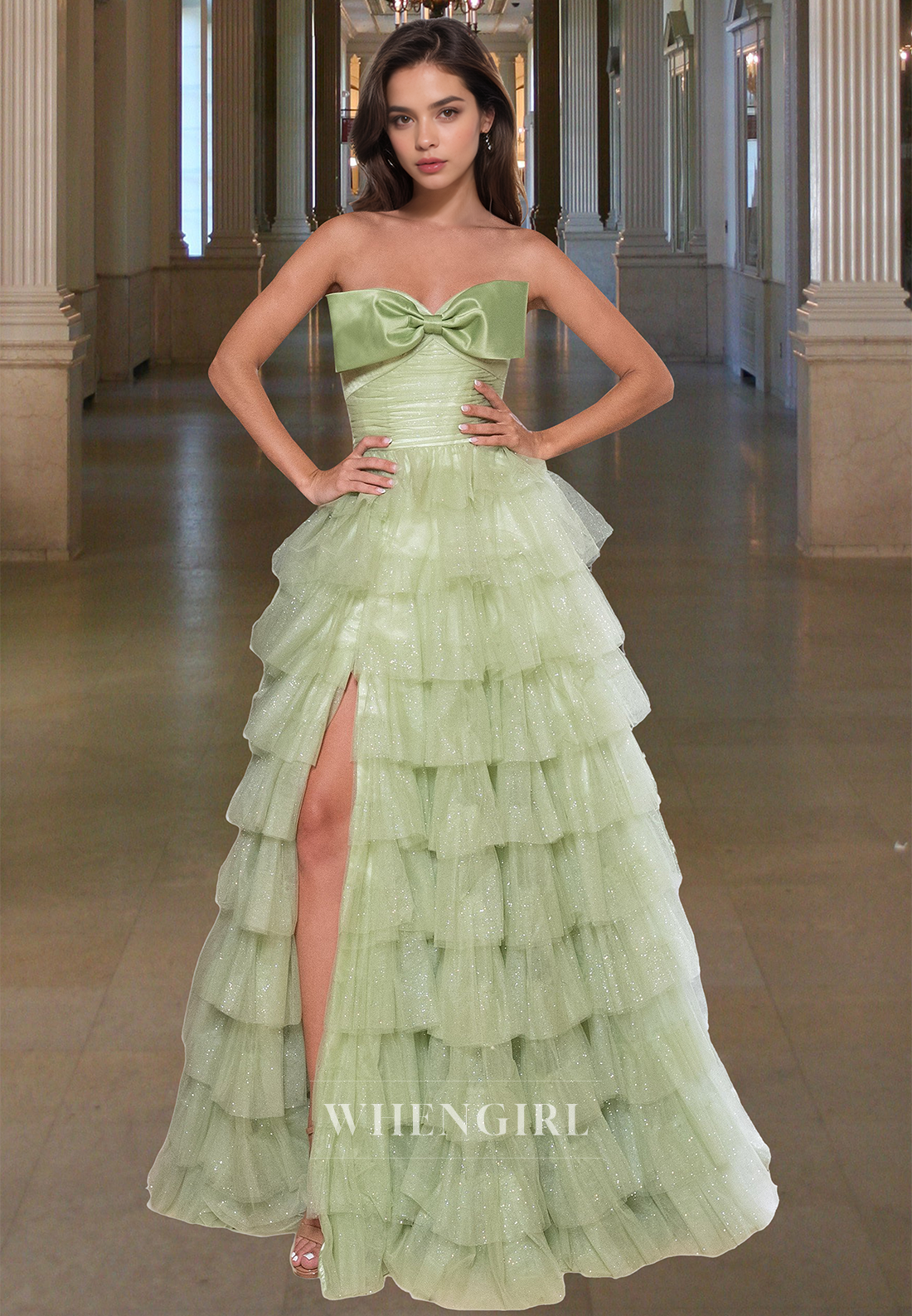 Stunning A-Line Tube Top Bows Tiered Glitter Knit Ball Gowns Party Dress with Slit