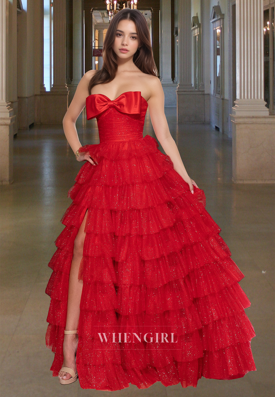 Stunning A-Line Tube Top Bows Tiered Glitter Knit Ball Gowns Party Dress with Slit