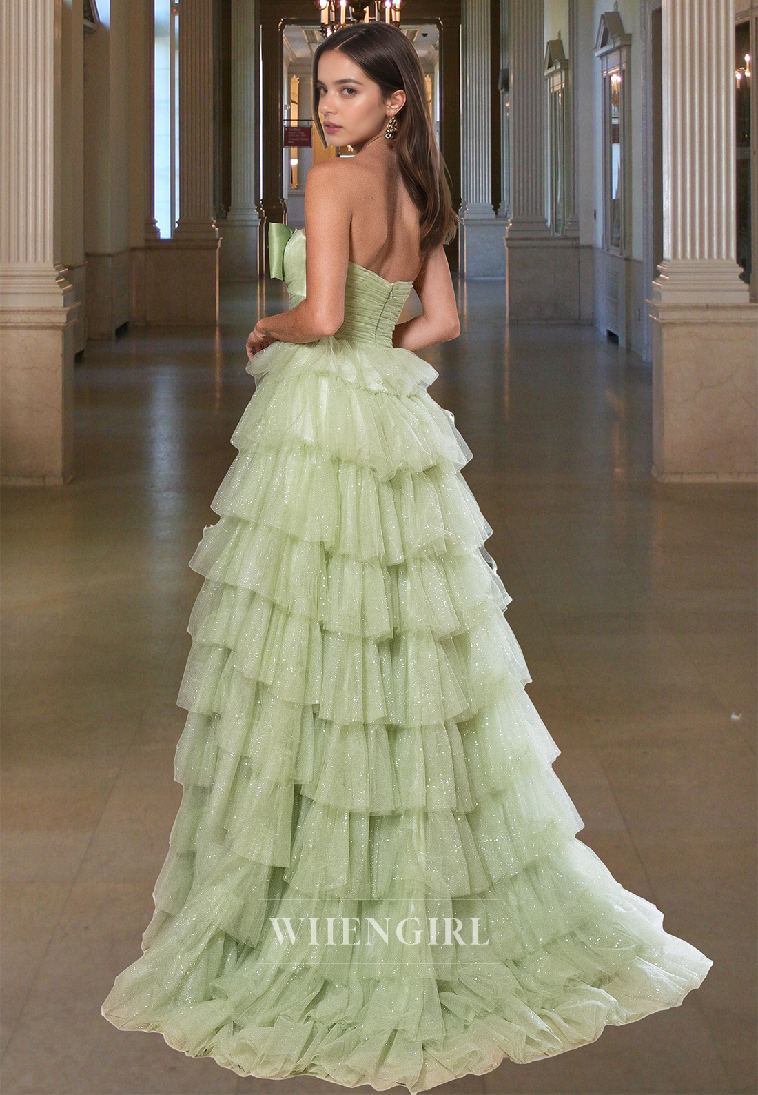 Stunning A-Line Tube Top Bows Tiered Glitter Knit Ball Gowns Party Dress with Slit