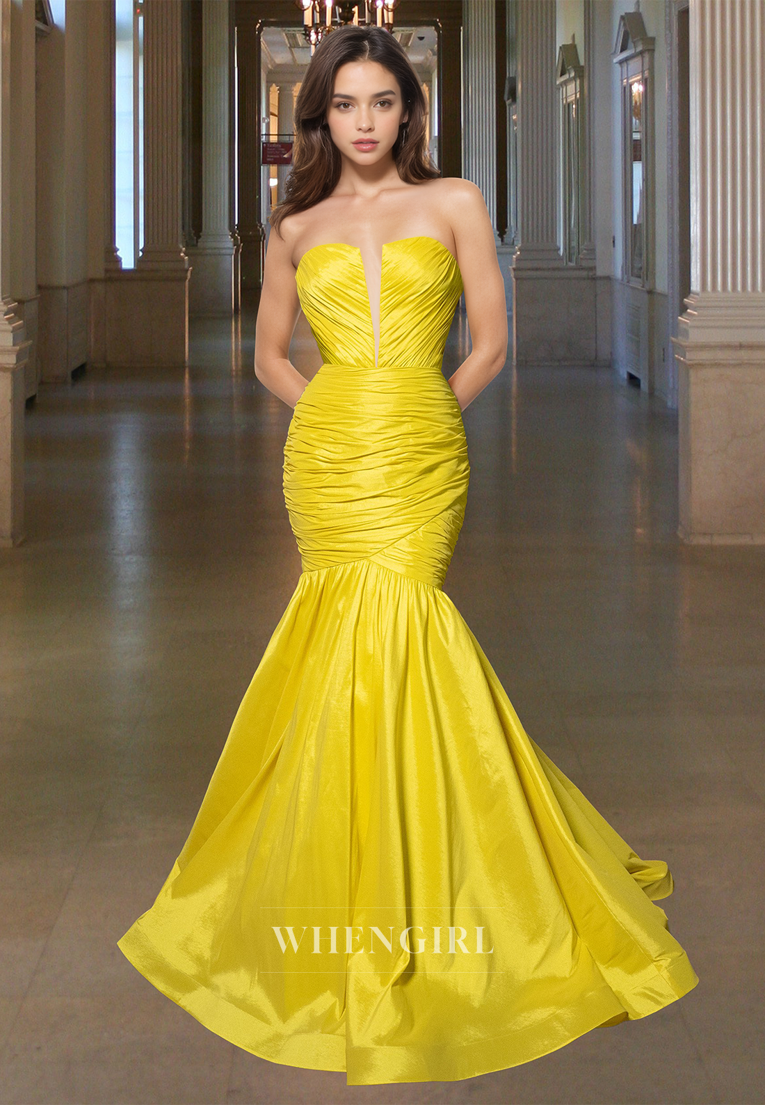 Elegant V-Neck Mermaid Sleeveless Pleats Satin Long Prom Formal Dress with Train