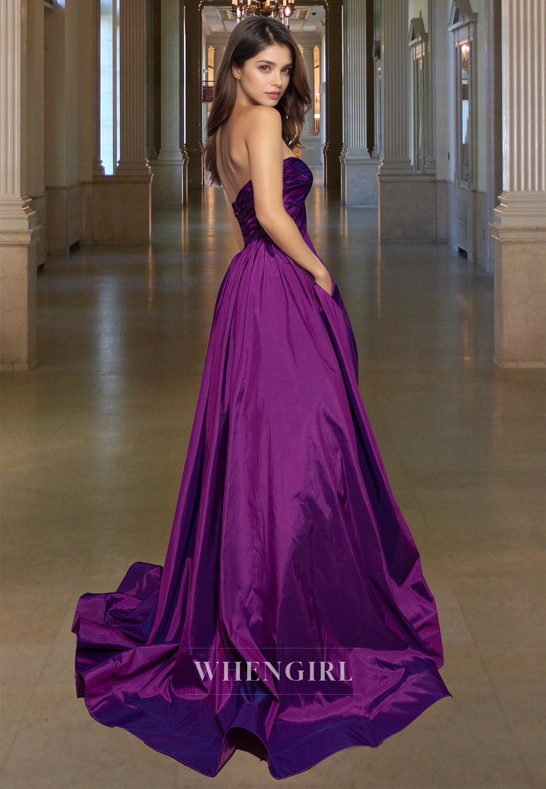 Classic Sweetheart Sleeveless Sweep train A-Line Satin Formal Prom Dress with Pockets