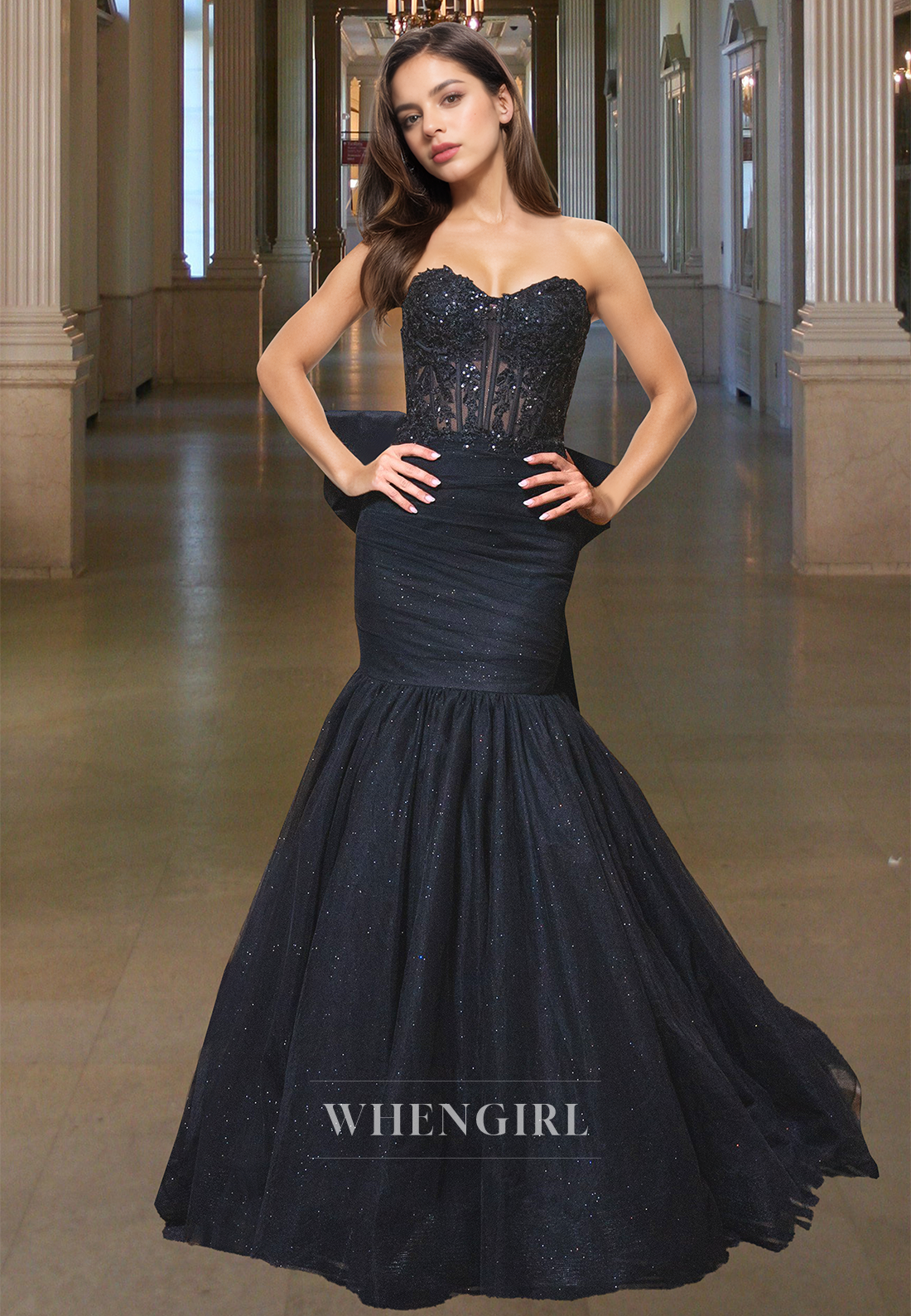 Glamorous Sweetheart Mermaid Bows Glitter Knit Evening Gowns with Appliques Party Gown