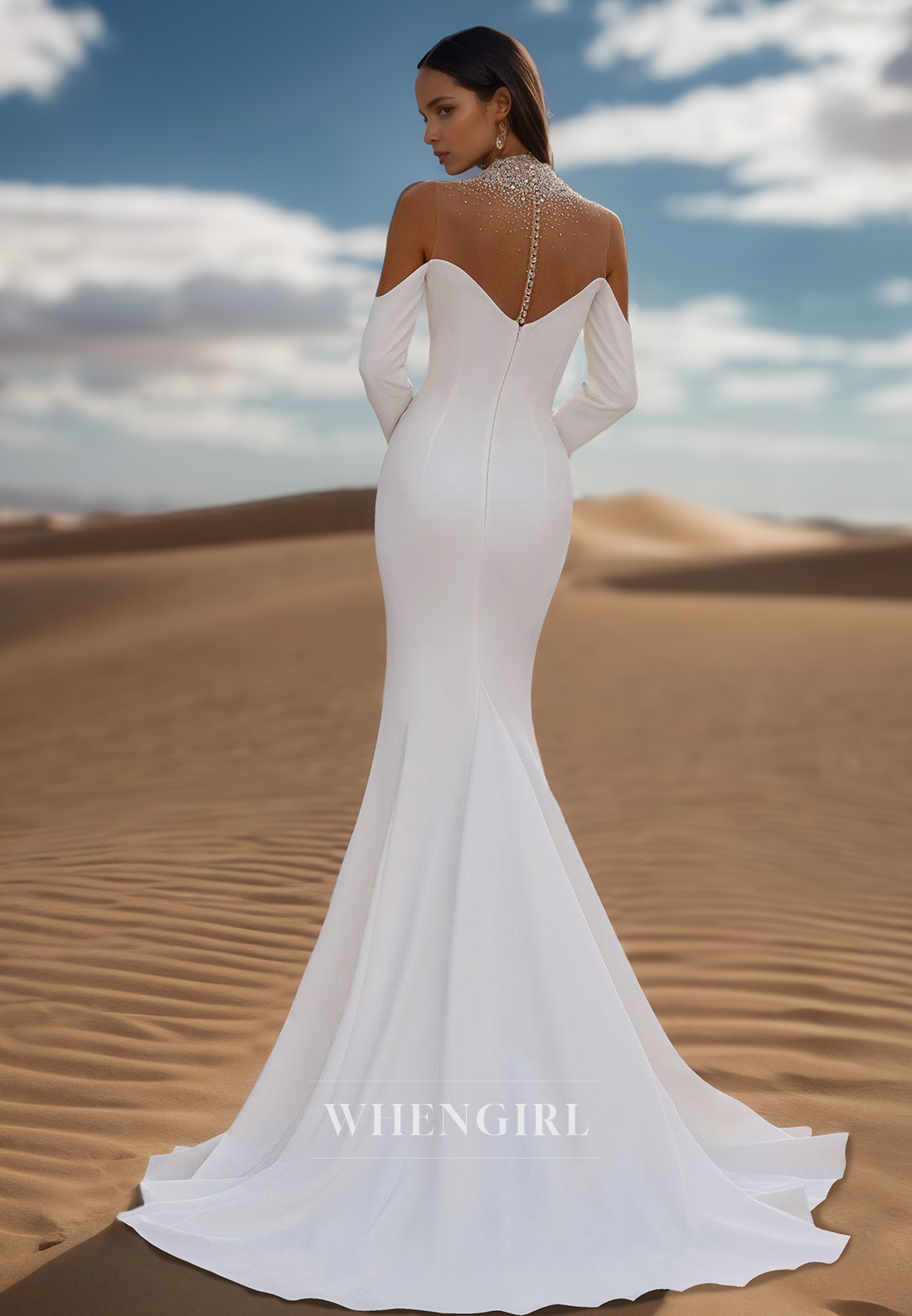 Bohemian High Neck Long Sleeves Mermaid Satin Beach Wedding Gowns with Beaded