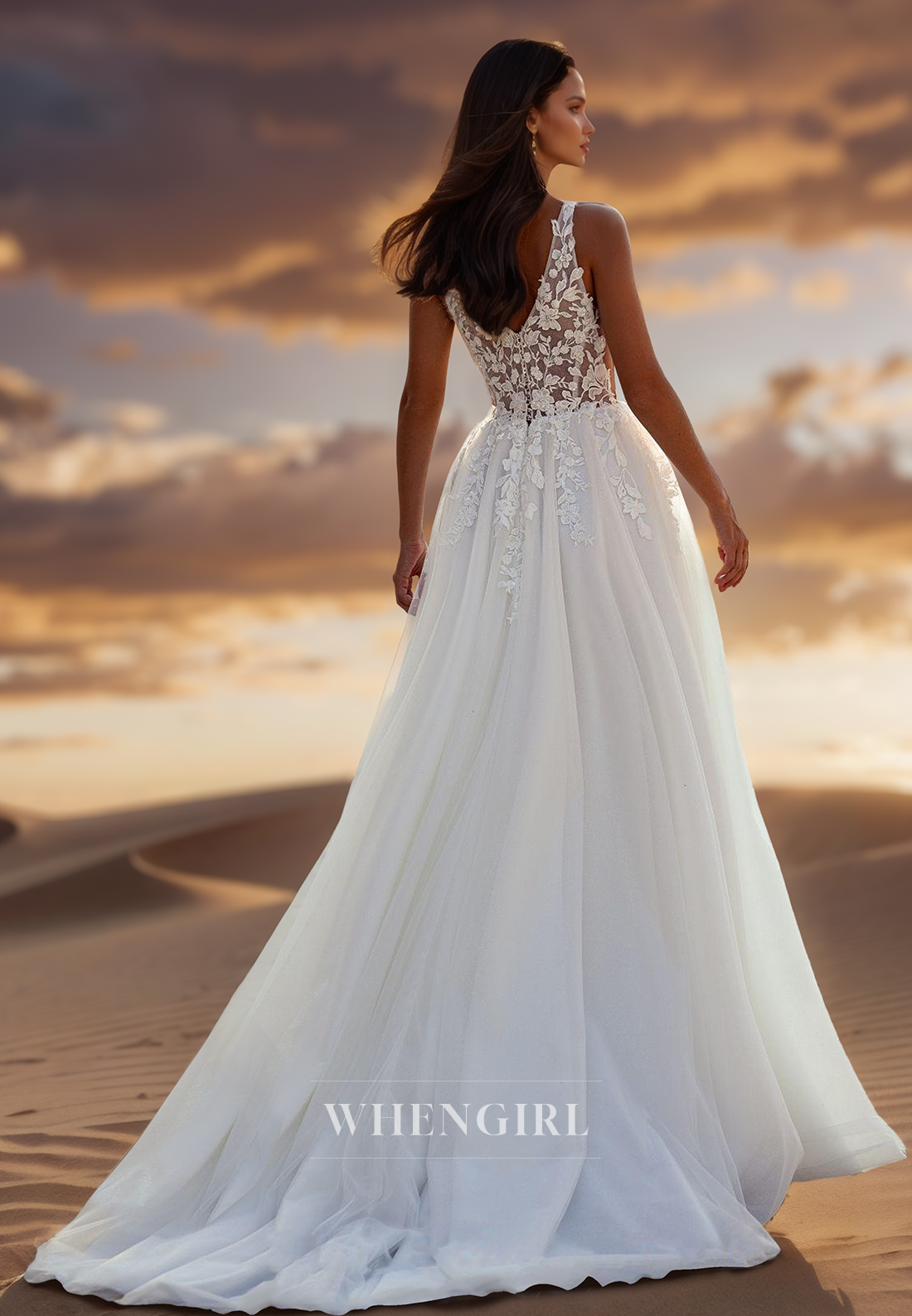 Chic A-Line V-Neck Straps Sleeveless Lace Long Wedding Dress Boho Gown with Appliques