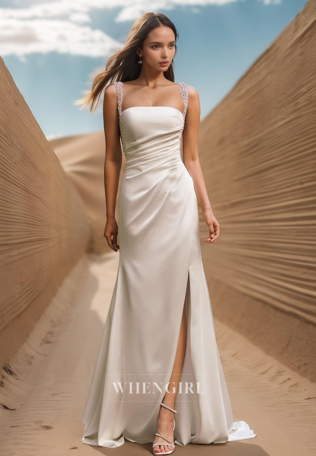 Beaded Square Neck Straps Sheath Side Slit Pleats Satin Boho Wedding Gowns with Overskirt