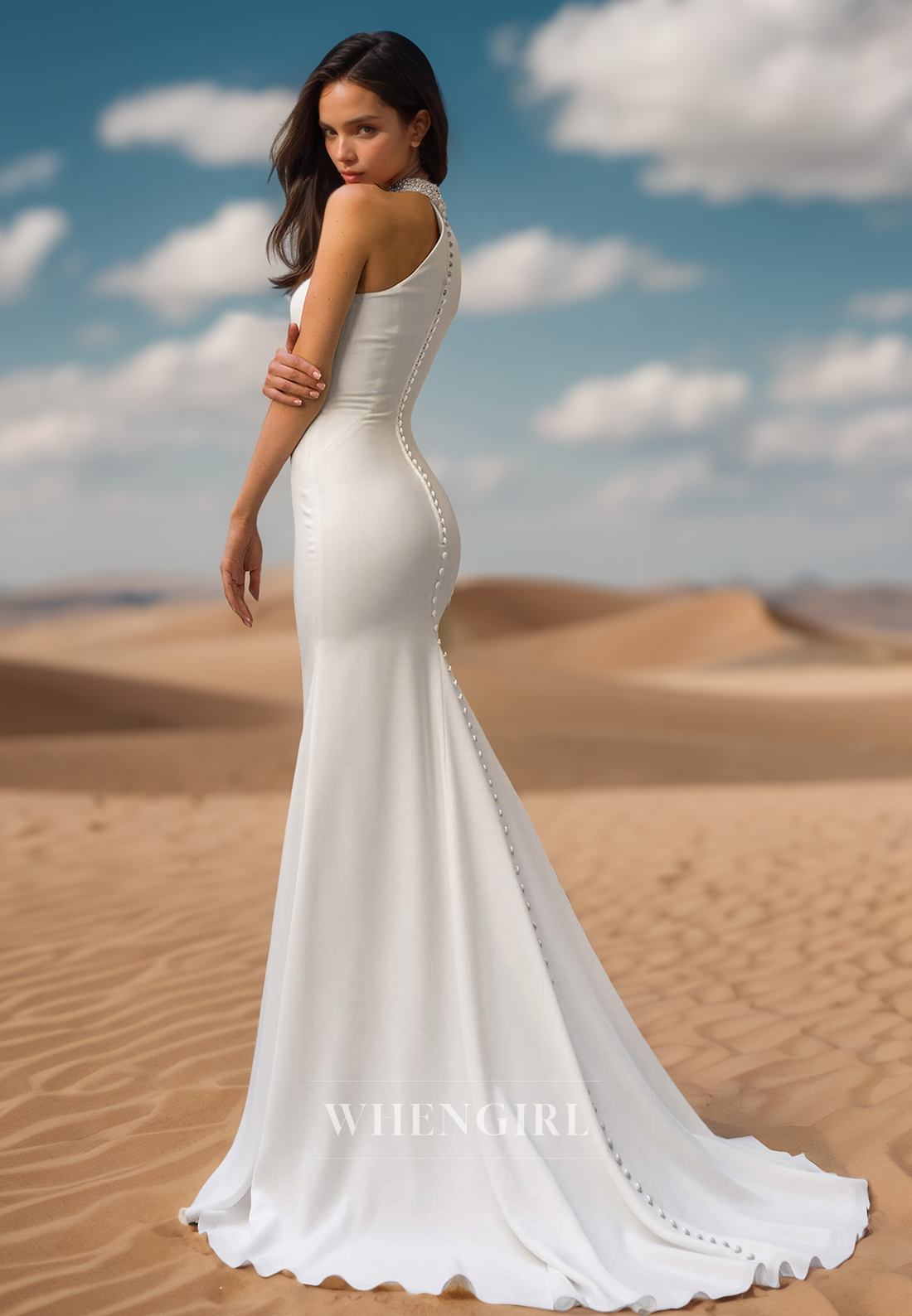 Charming High Neck One Shoulder Mermaid Satin Wedding Dress Boho Gowns with Beads