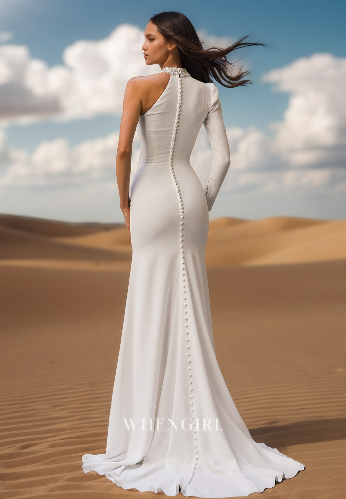 Charming High Neck One Shoulder Mermaid Satin Wedding Dress Boho Gowns with Beads