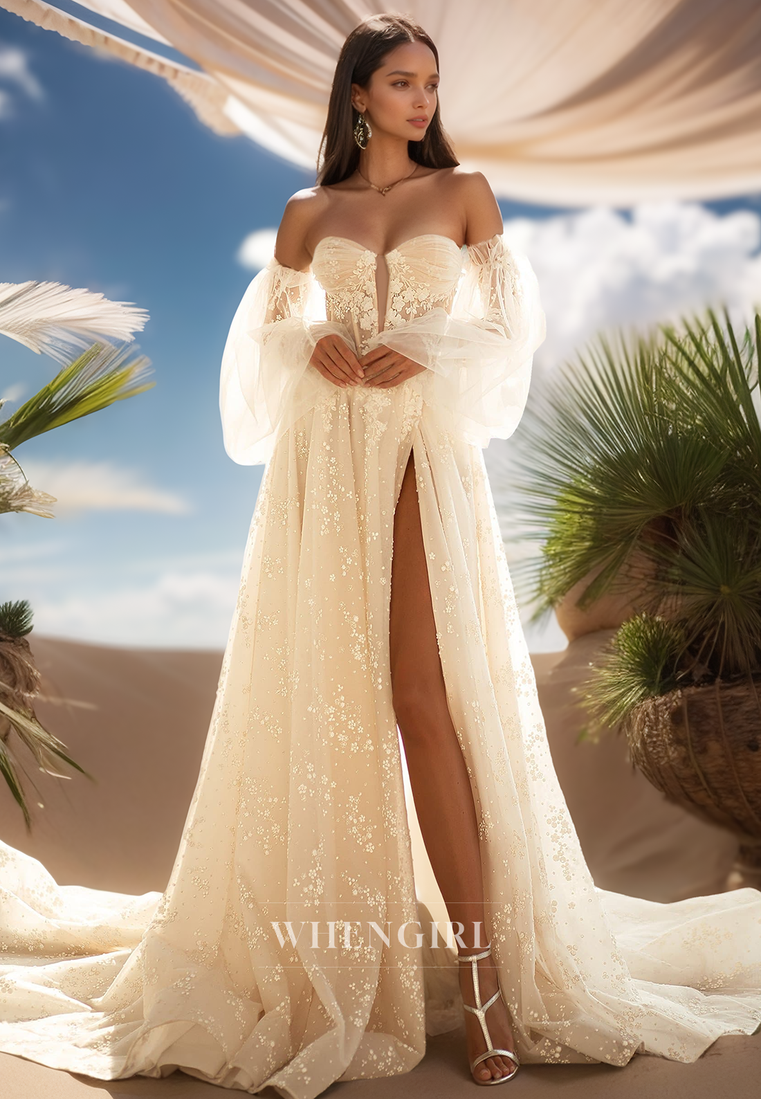 Luxurious Long Sleeves Sweetheart Appliques Beaded Lace Wedding Dress with Slit Bridal Gowns