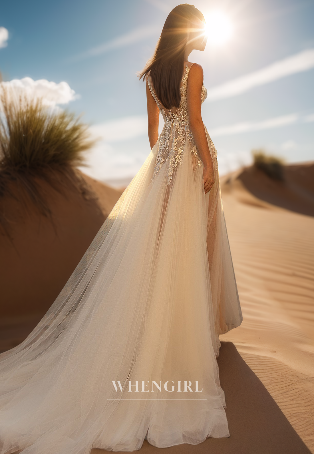 Luxurious A-Line Sleeveless Sheer Pleats Lace Brach Wedding Dress Boho Gown with Appliques