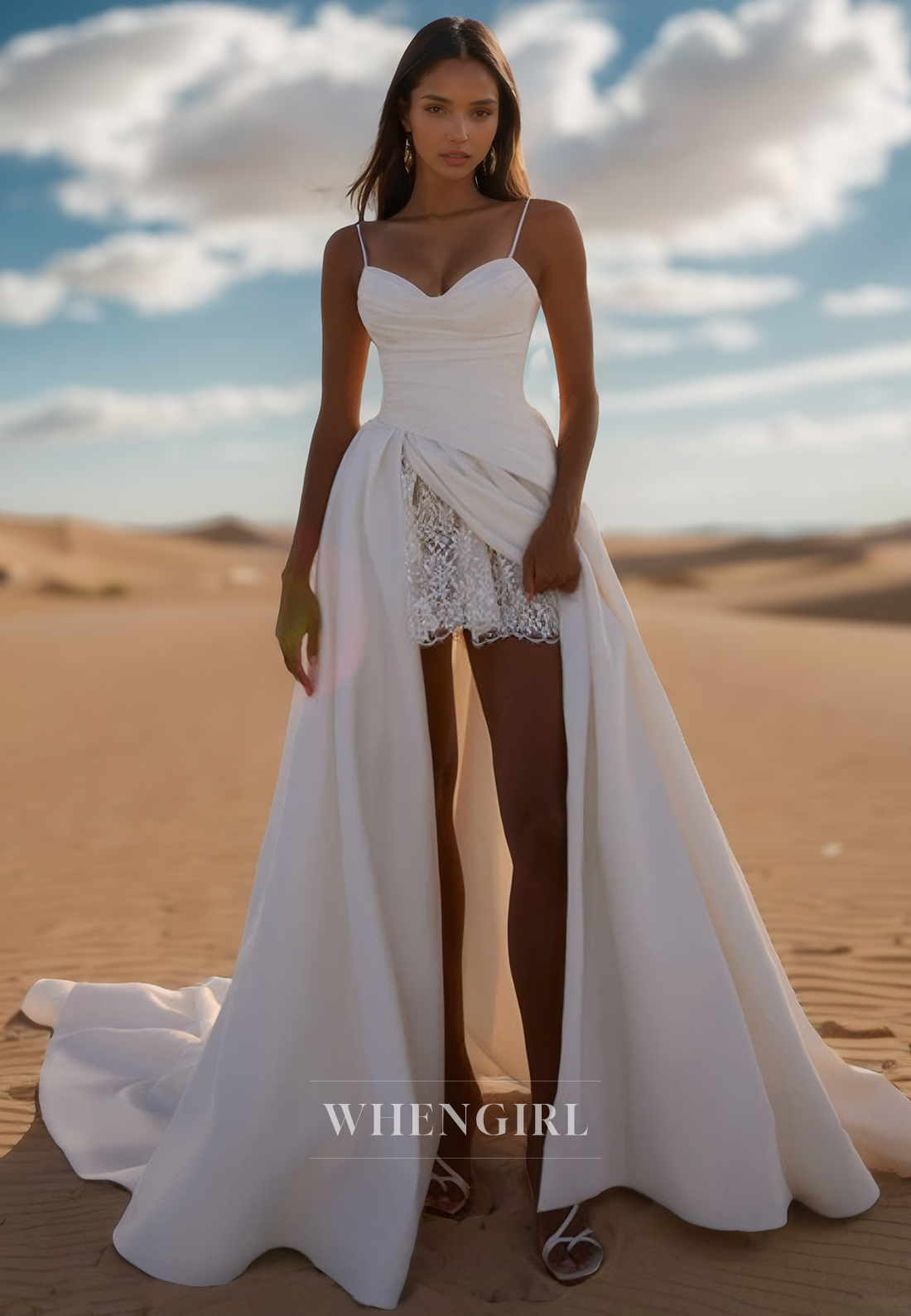Elegant Sweetheart Spaghetti Straps Appliques Satin A-Line Wedding Gowns with Train