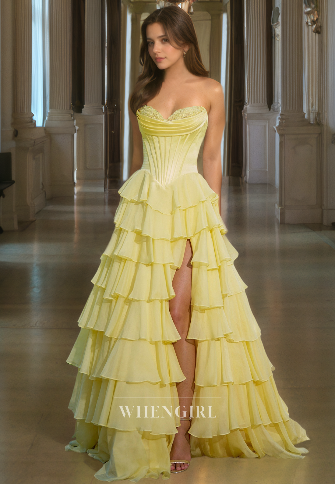 Graceful A-Line Sweetheart High Split Tiered Lace Prom Formal Party Dress with Appliques