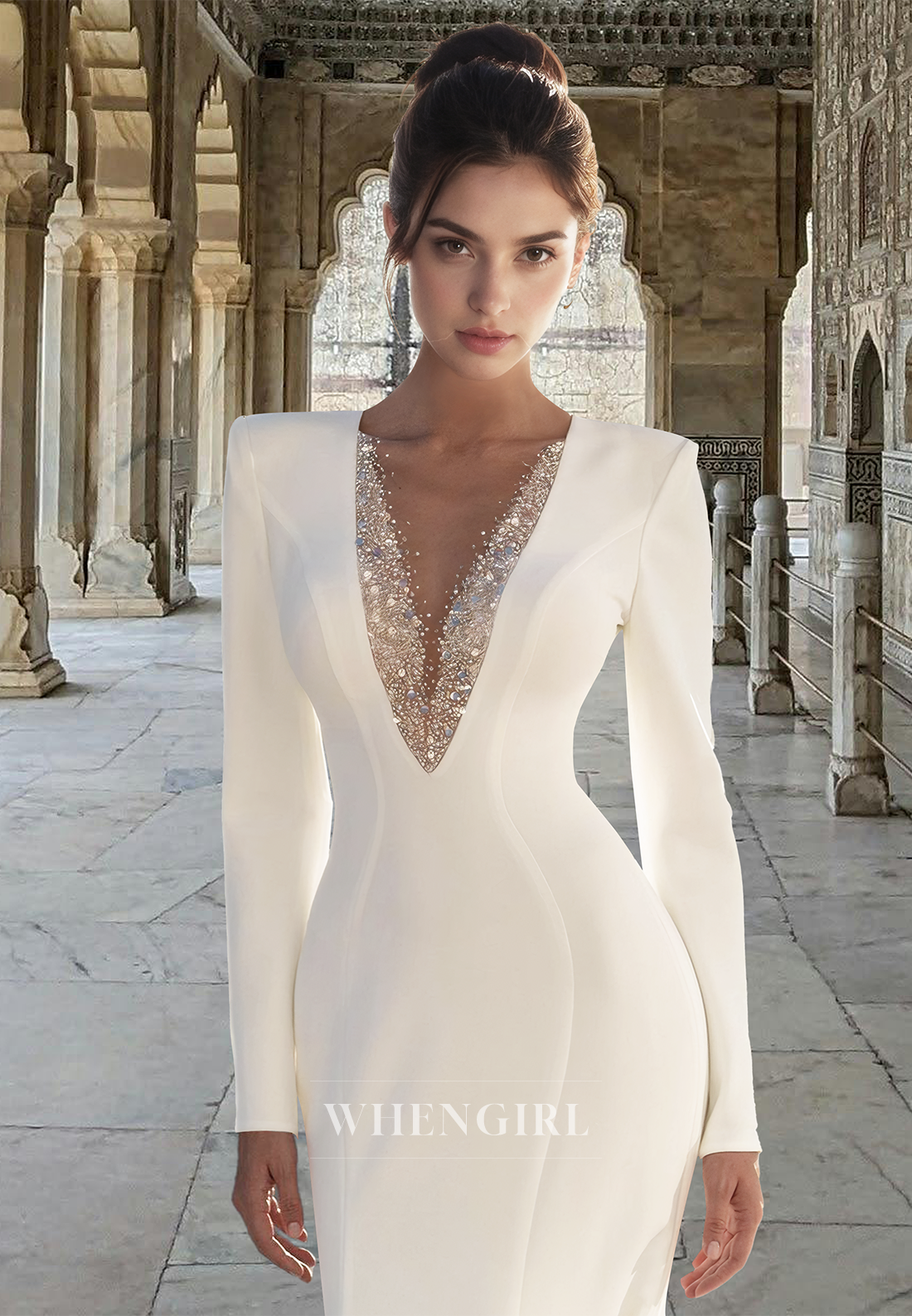 Distinctive Long Sleeves V-Neck Mermaid Satin Beaded Bridal Gown with Train Wedding Dress