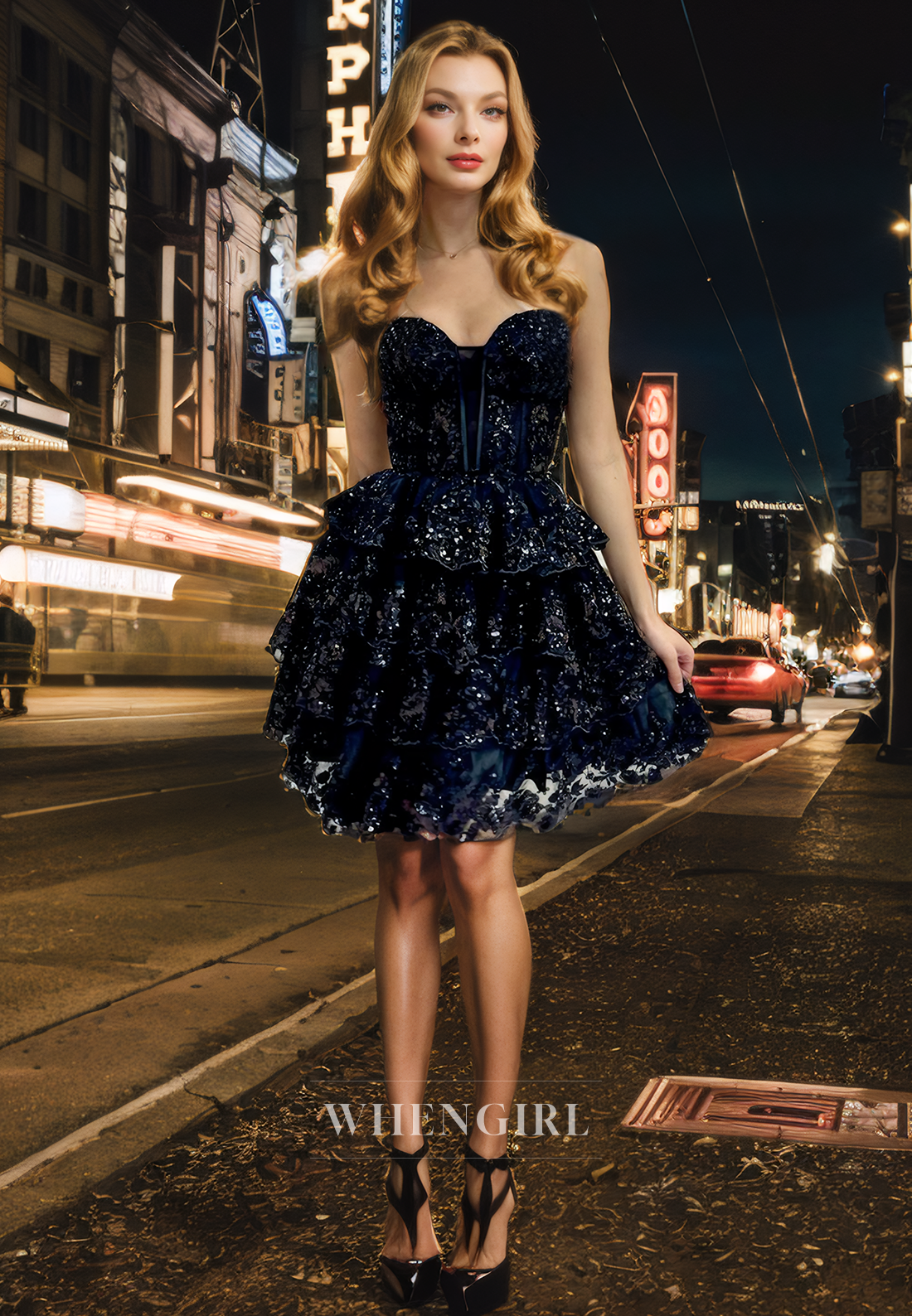 A-Line Strapless Sleeveless Sequins Appliques Tiered Back Zipper Homecoming Dress