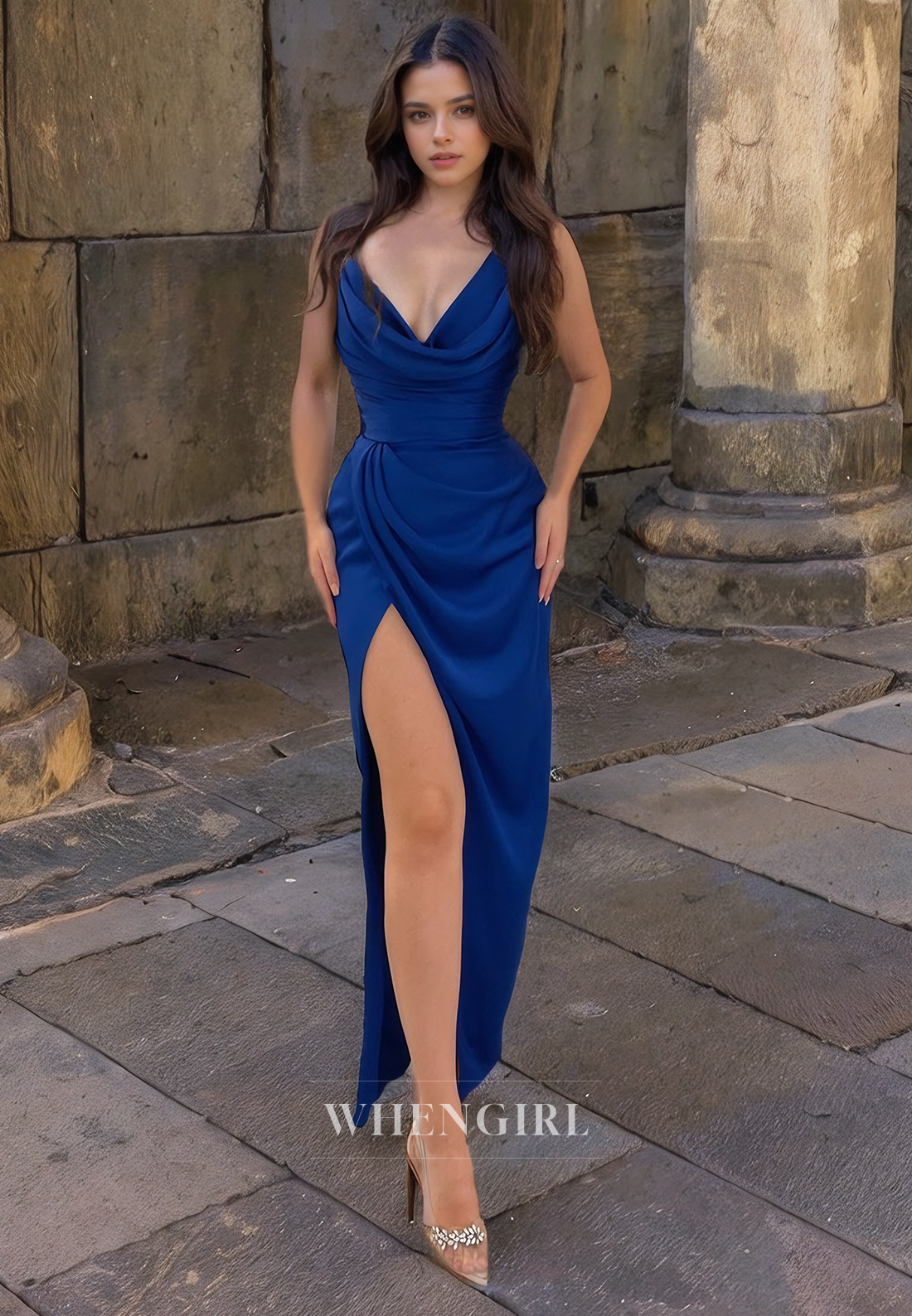 Sheath V Neck Sleeveless Pleated Long Prom Dress with High Side Slit