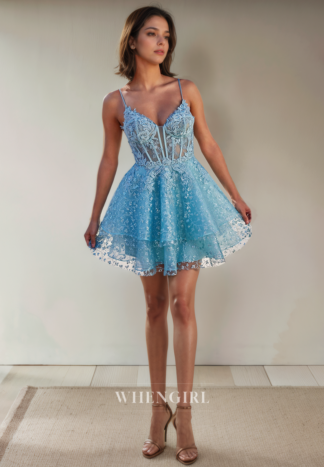 A-Line Strapless Straps Fully Appliques Tulle Tiered Homecoming Dress