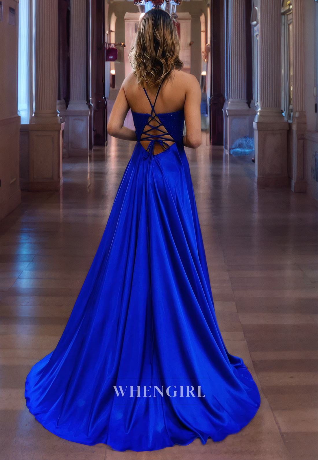 A-Line V Neck Straps Sleeveless Appliques Long Prom Dress with High Side Slit and Train
