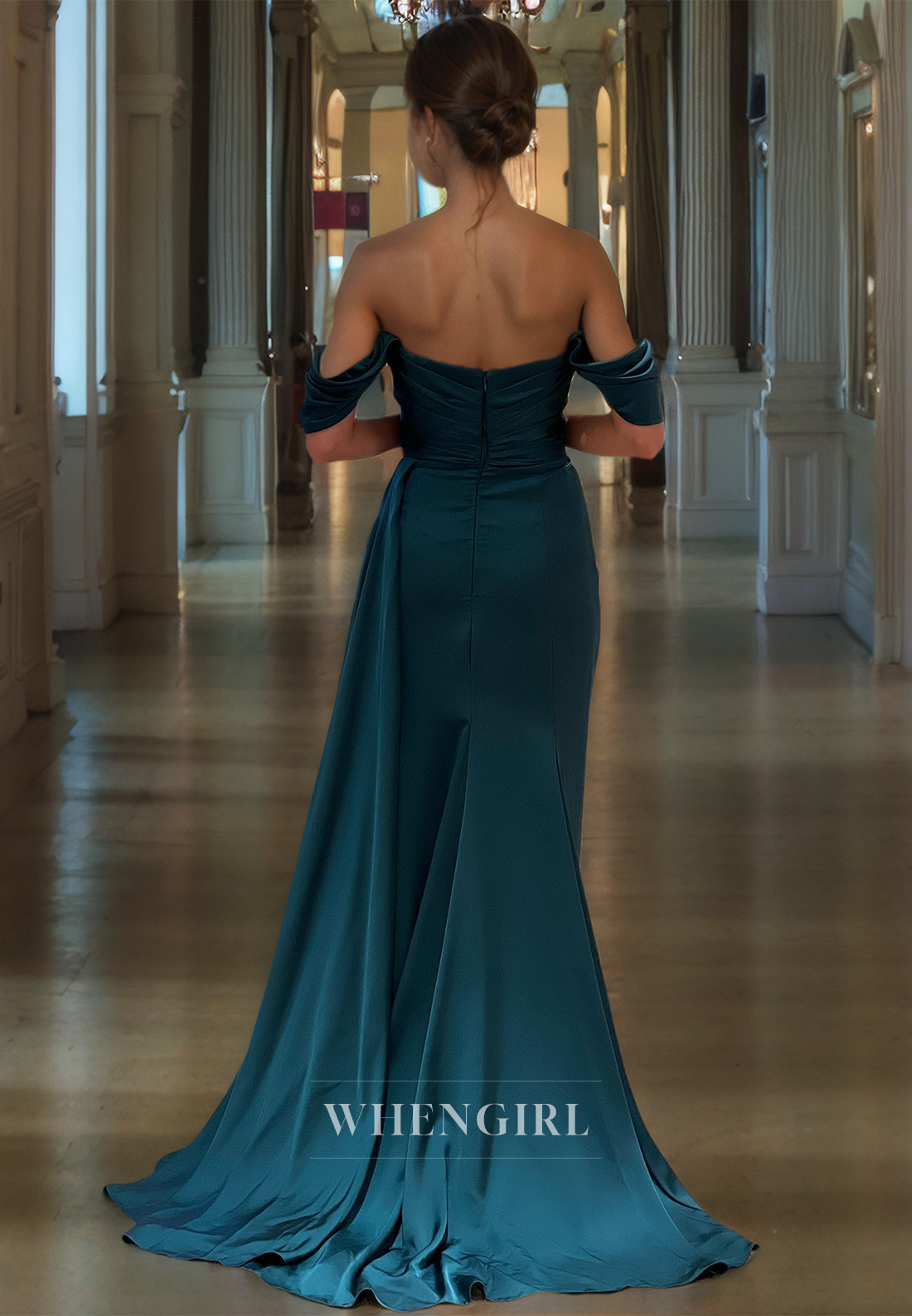 Sheath Off Shoulder Sleeveless Pleated Beaded Long Prom Dress with High Side Slit and Train