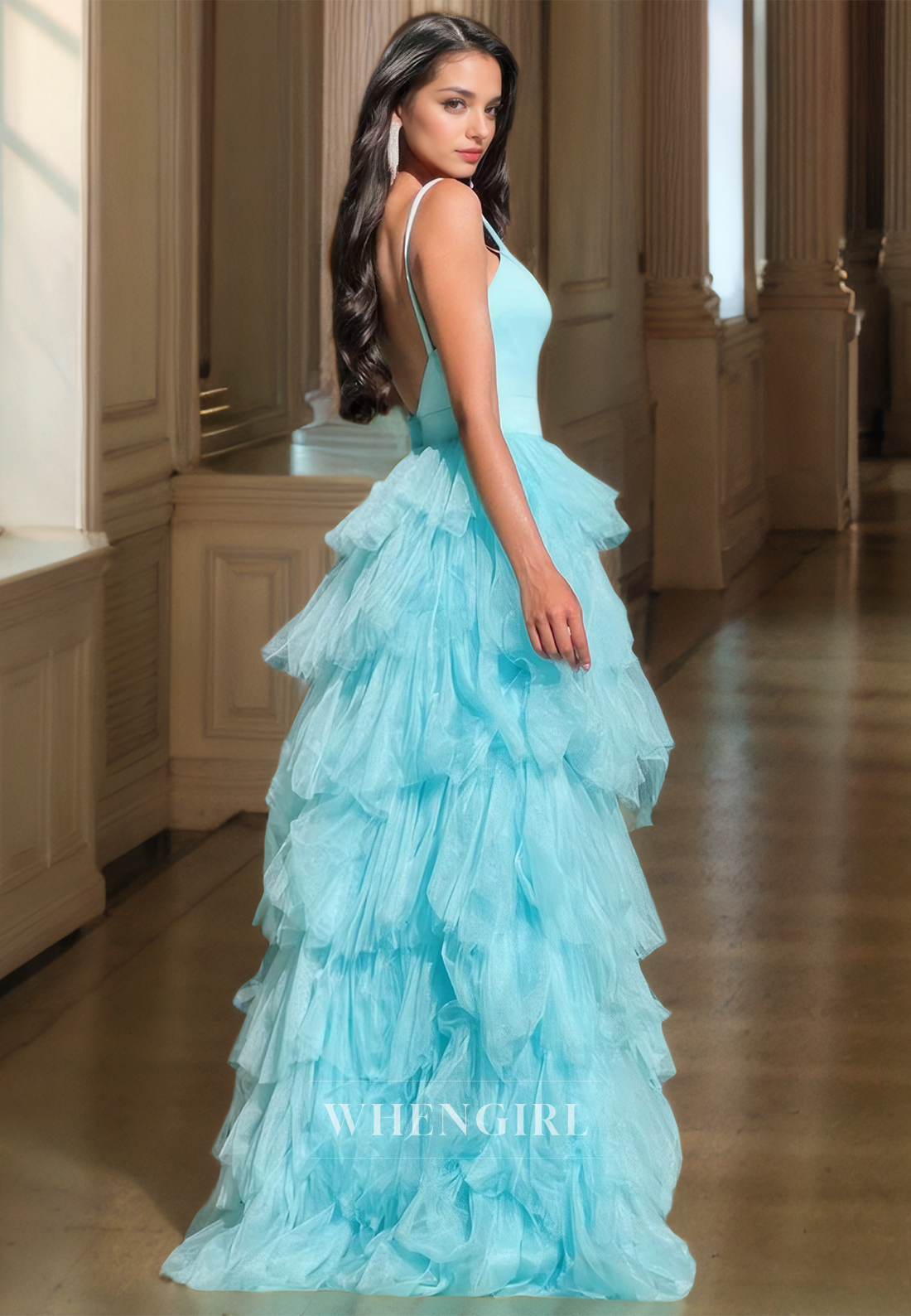 V-Neck Spaghetti Straps Sleeveless Tiered Tulle Ball Gown Lace Prom Dress with Slit