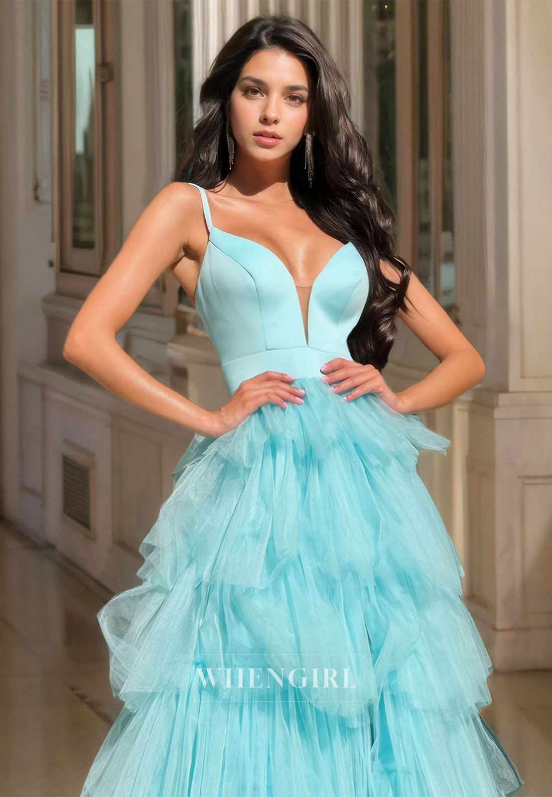 V-Neck Spaghetti Straps Sleeveless Tiered Tulle Ball Gown Lace Prom Dress with Slit