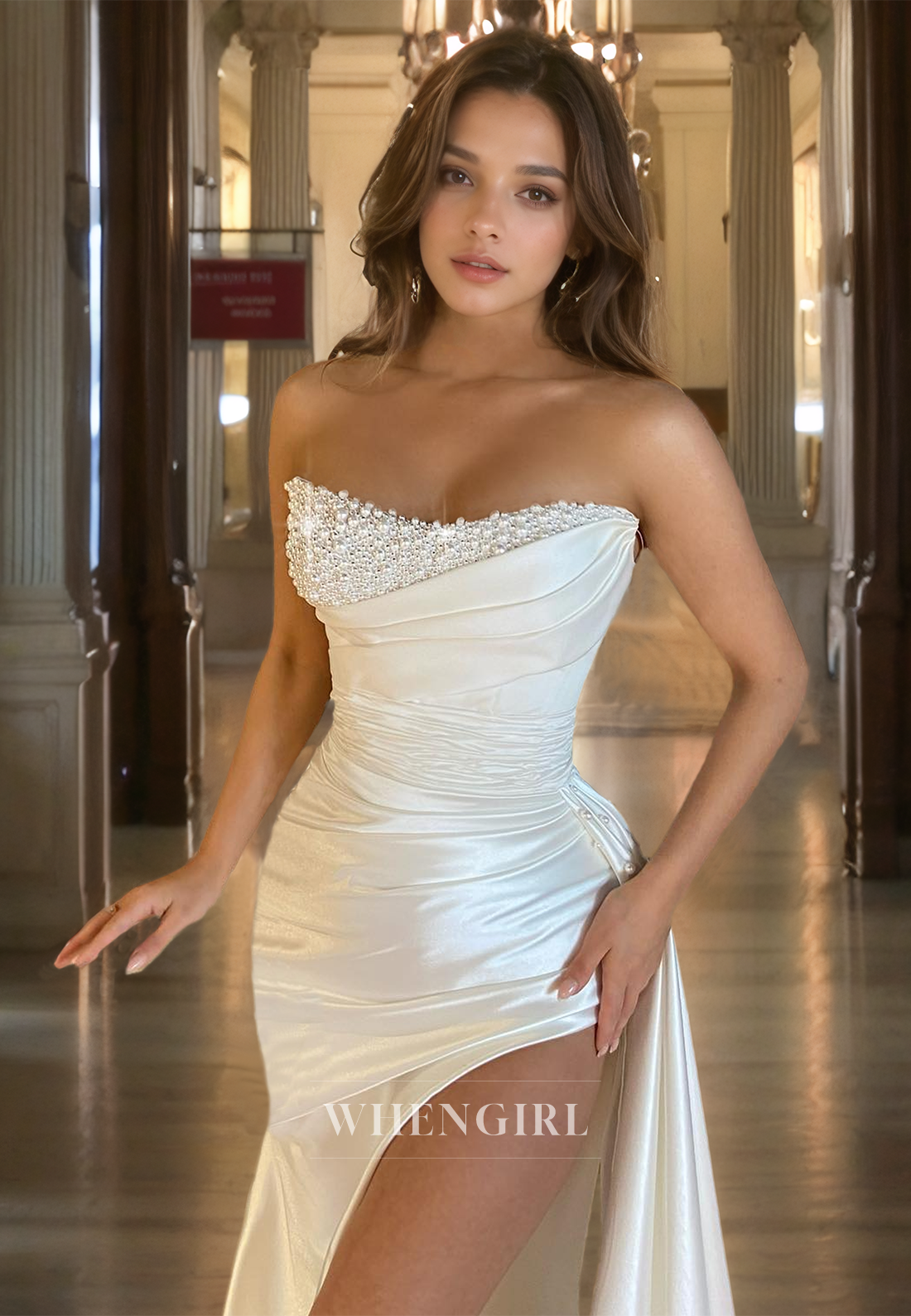 Sweetheart Sleeveless Sheath High Split Brush Train Ruched Satin Prom Dress with Beads Party Dress