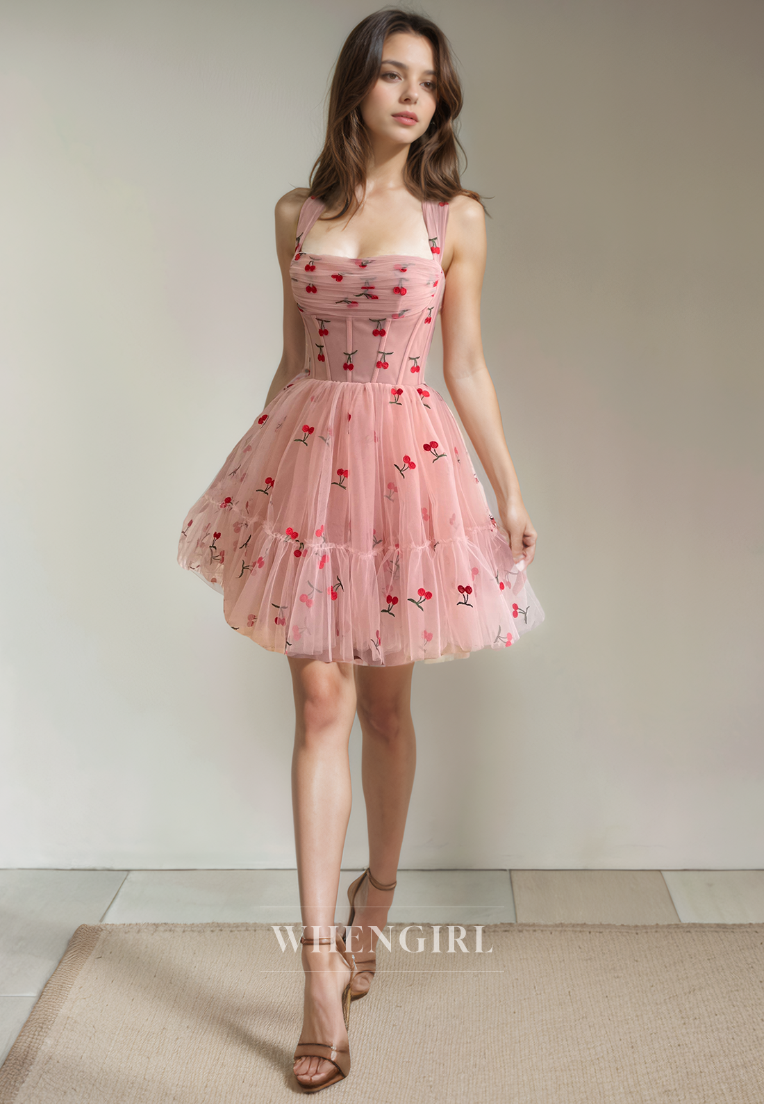 A-Line Square Neck Straps Sleeveless Pleated Tulle Lace Up Homecoming Dress
