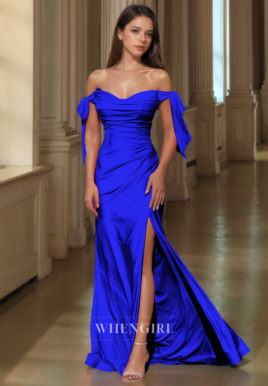 Off-Shoulder Sweetheart Sheath Sweeo Train Ruched Prom Dress with Slit Formal Gowns