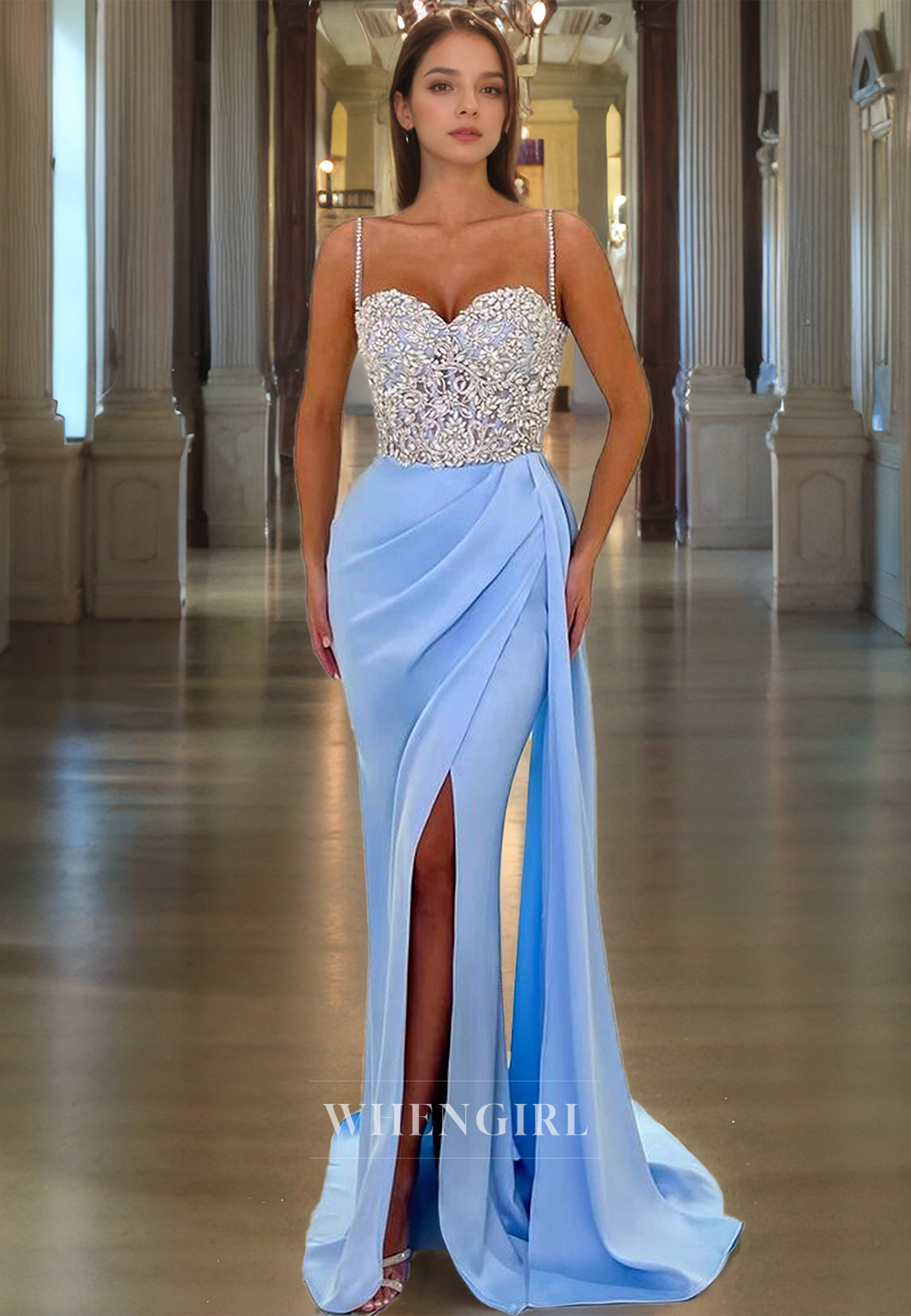 Sheath Strapless Straps Sleeveless Appliques Pleated Long Prom Dress with High Side Slit and Train