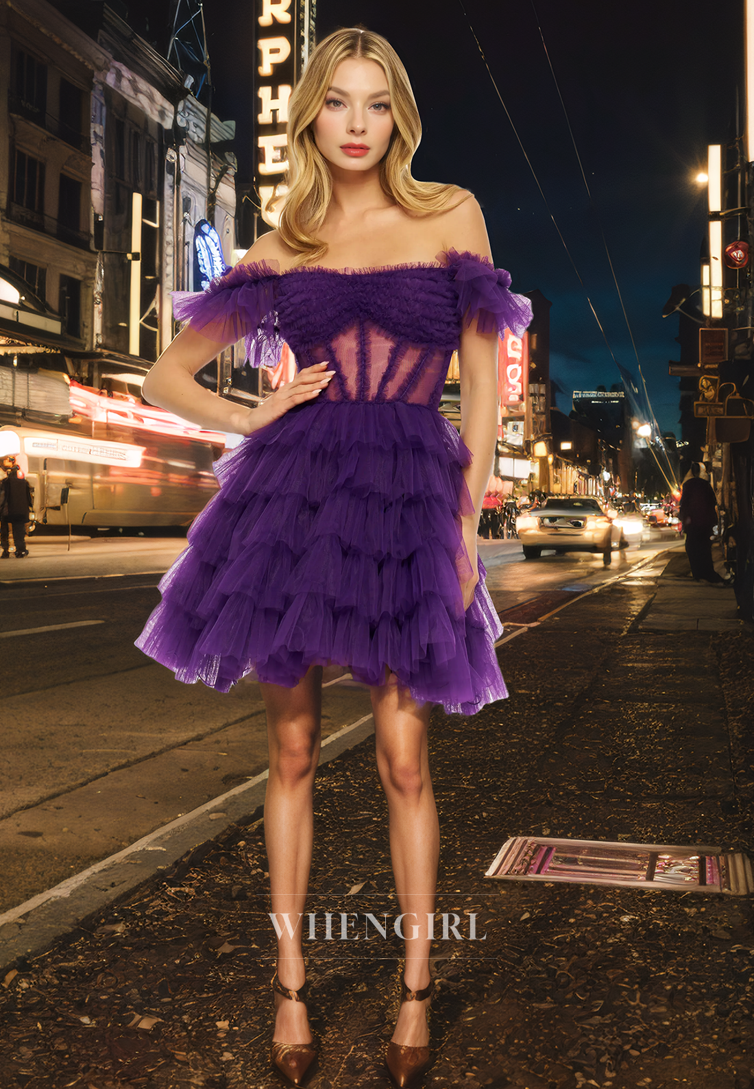 A-Line Off Shoulder Sleeveless Pleated Tulle Tiered Criss Cross Straps Homecoming Dress