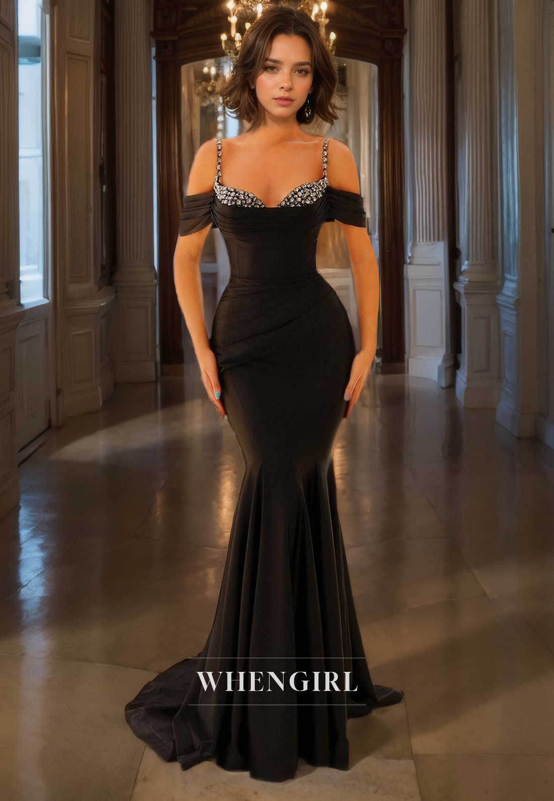 Mermaid Off Shoulder Sleeveless Beaded Long Prom Dress with Train