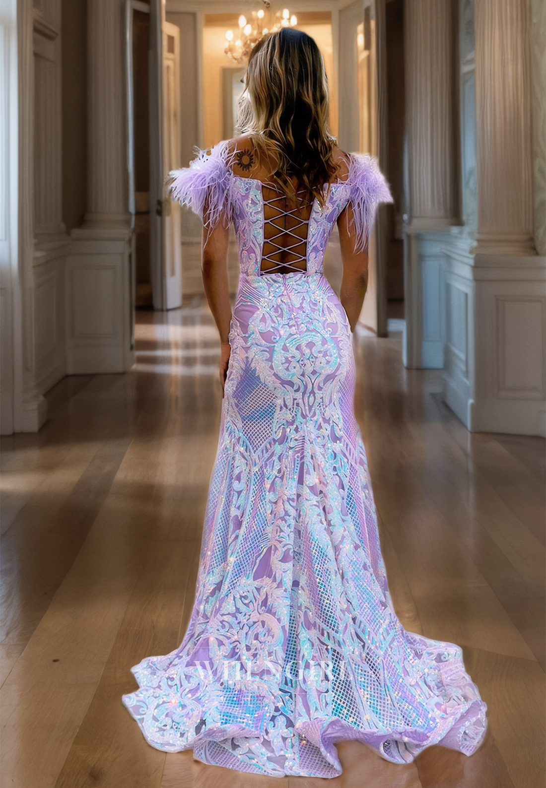 Sheath Off Shoulder Sleeveless Glitter Feather Long Prom Dress with High Side Slit and Train