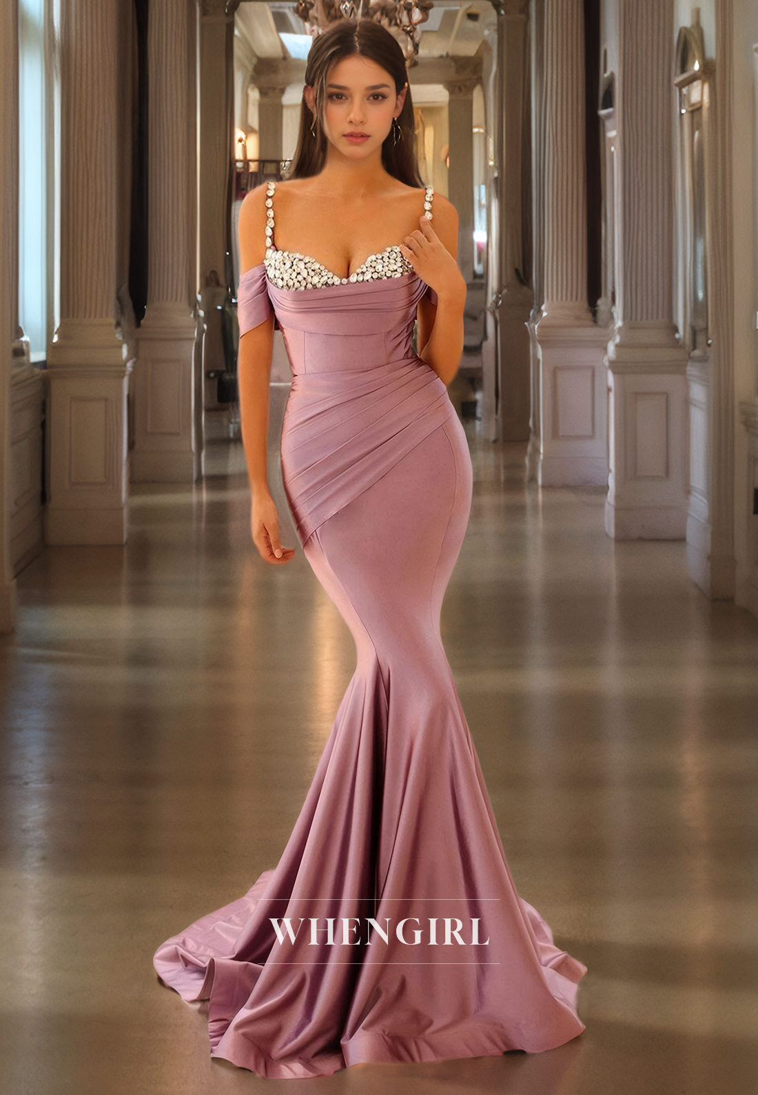 Mermaid Off Shoulder Sleeveless Beaded Long Prom Dress with Train