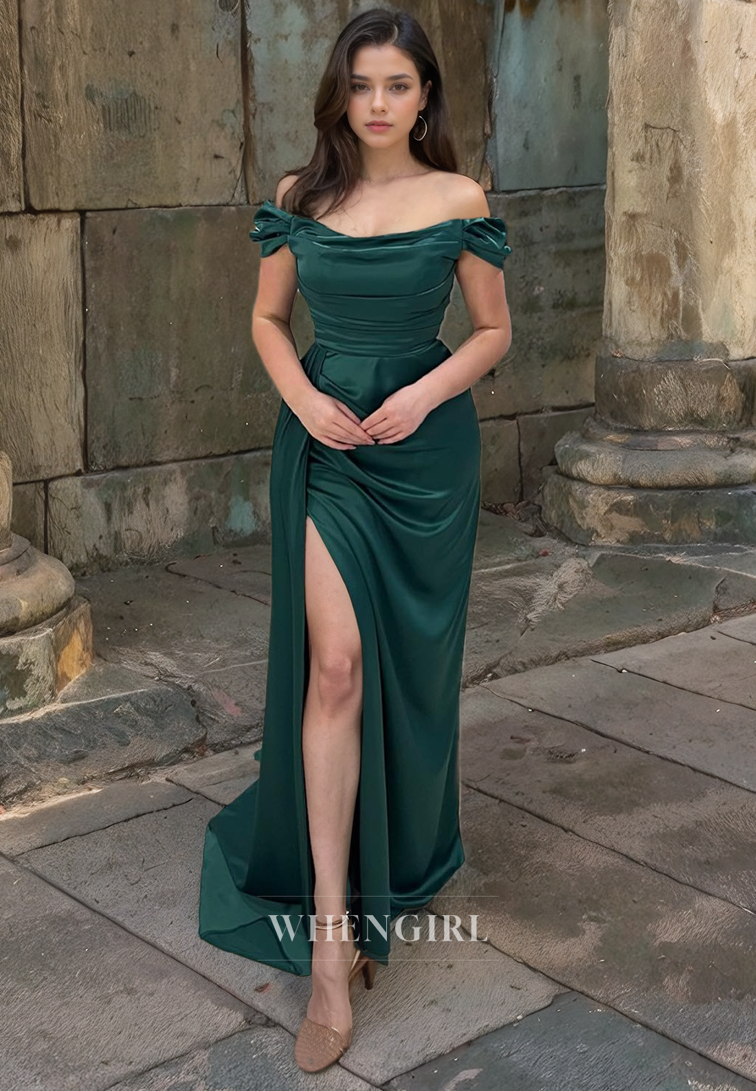 Sheath Off Shoulder Sleeveless Pleated Long Prom Dress with High Side Slit and Train