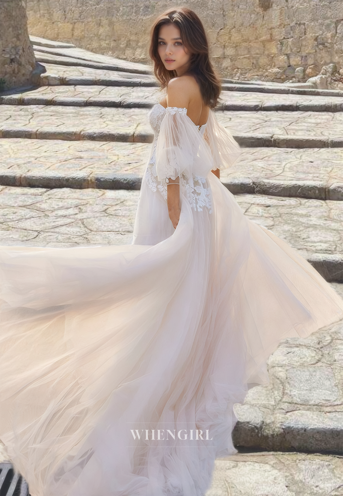 Sweetheart A-Line Half Sleeves Floor-Length Lace Bridal Dress with Appliques Wedding Dress