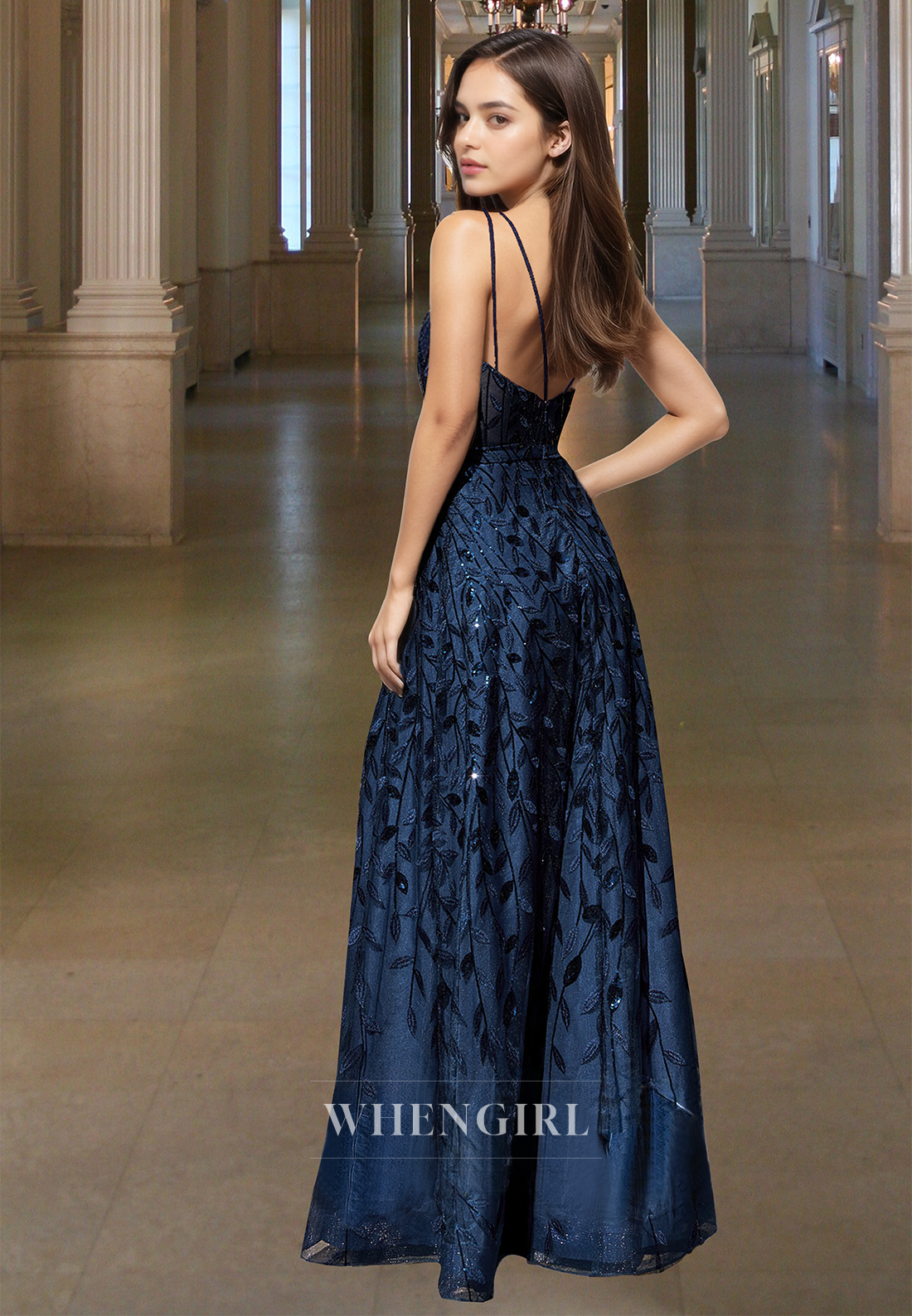 Sparkly A-Line V-Neck Straps Appliques Lace Pleats Long Prom Formal Evening Dress