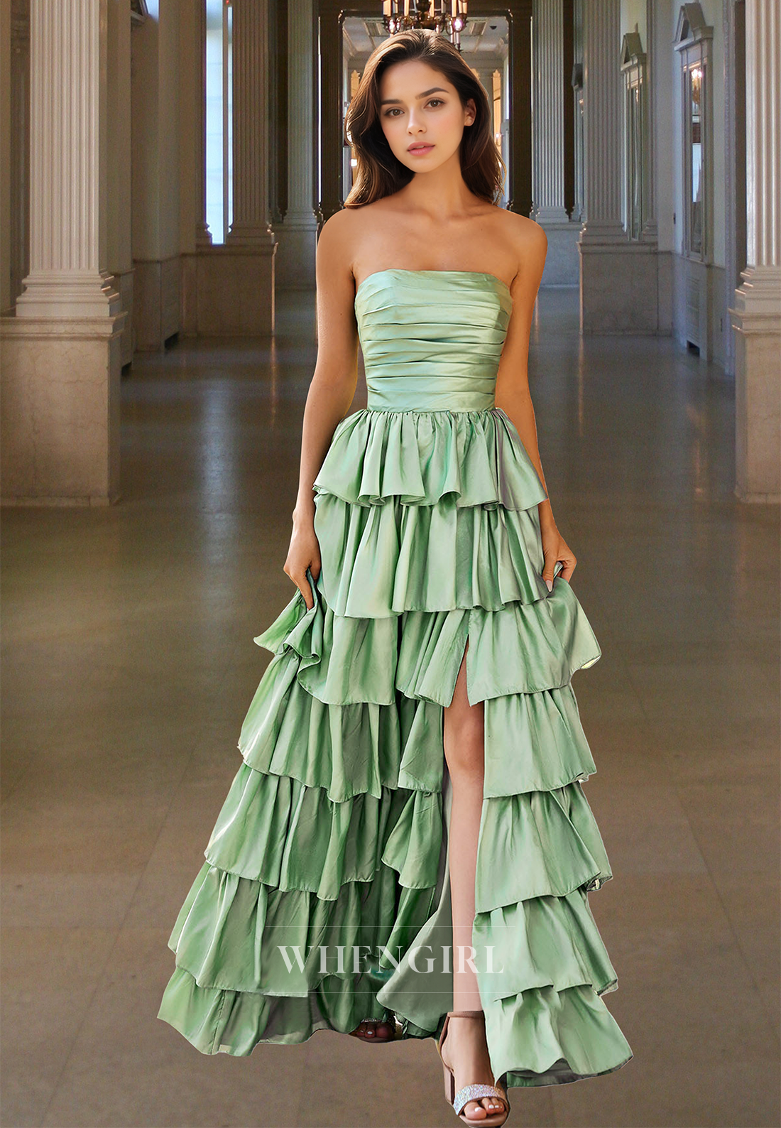 Gorgeous A-Line Tube Top Sleeveless Long Tiered Satin Pleats Formal Party Dress with Slit
