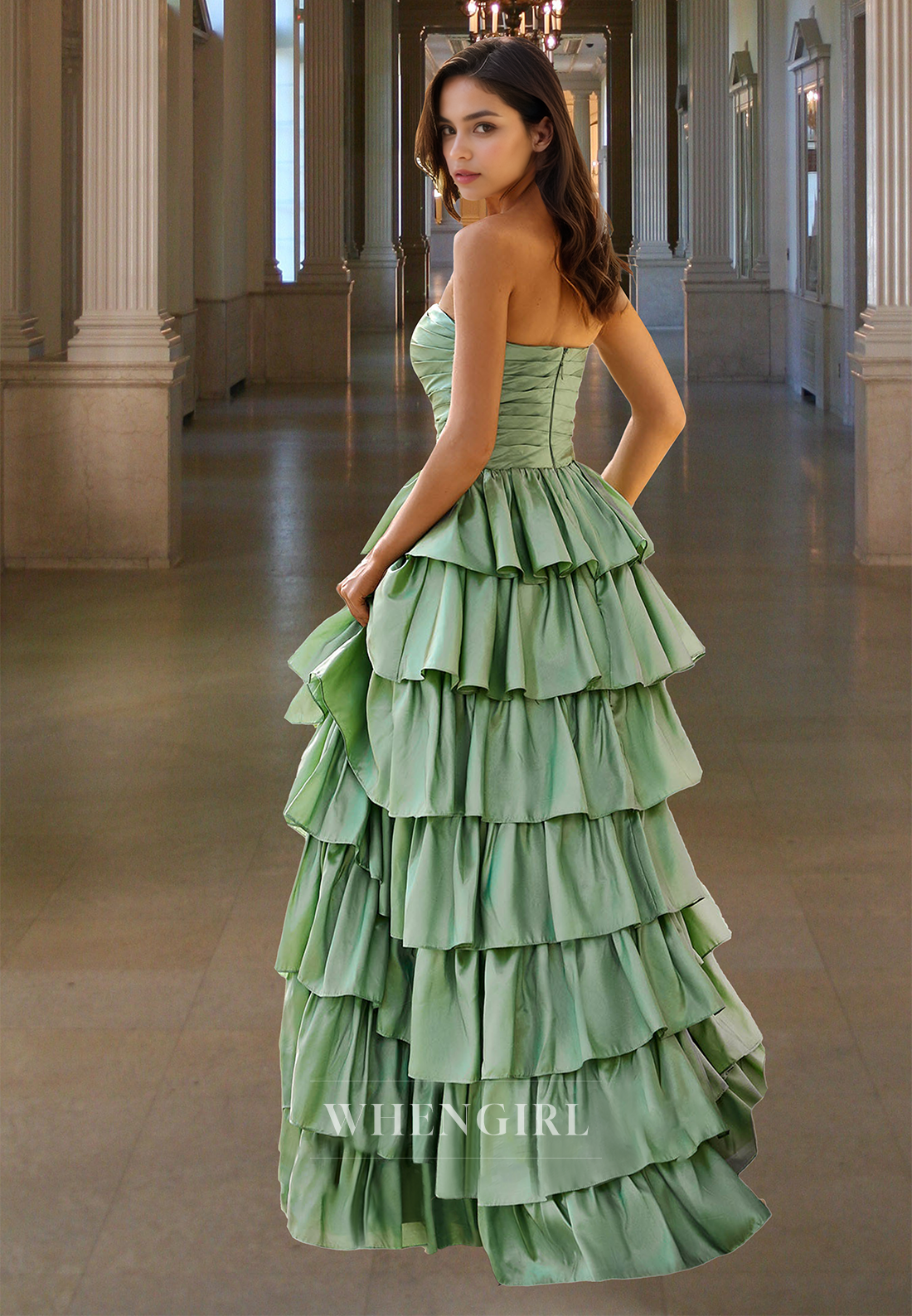Gorgeous A-Line Tube Top Sleeveless Long Tiered Satin Pleats Formal Party Dress with Slit