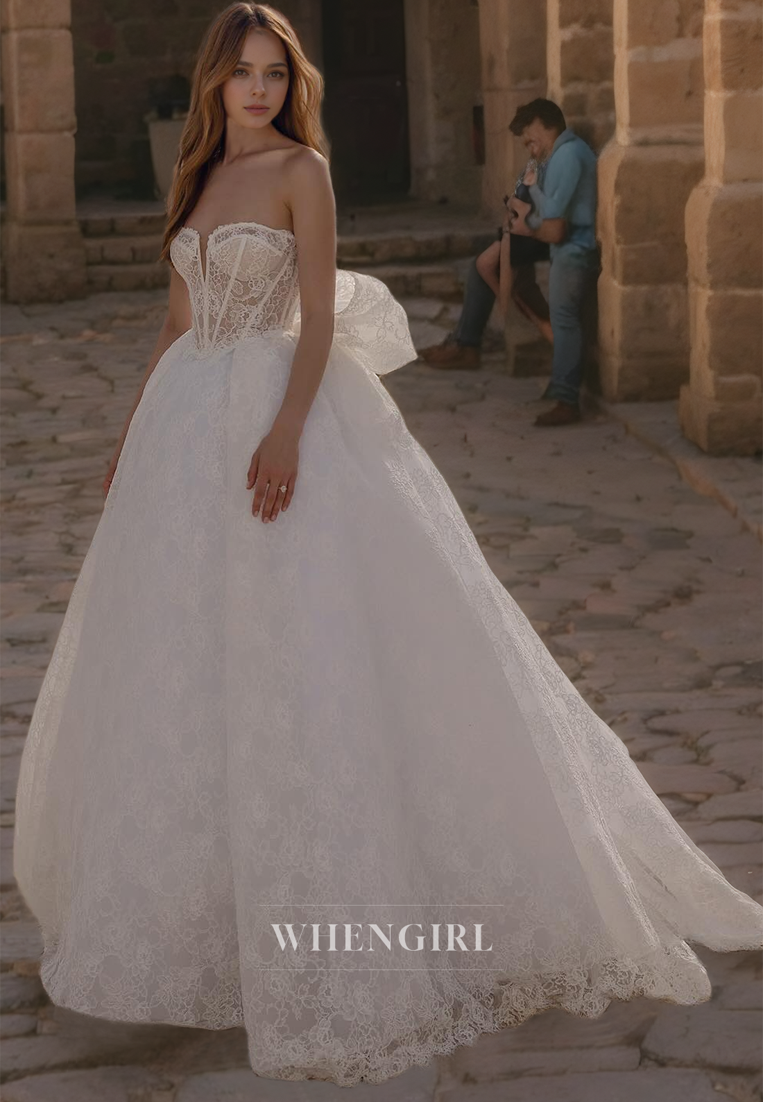 A-Line Strapless Sleeveless Fully Lace Wedding Dress with Train and Bow Knot
