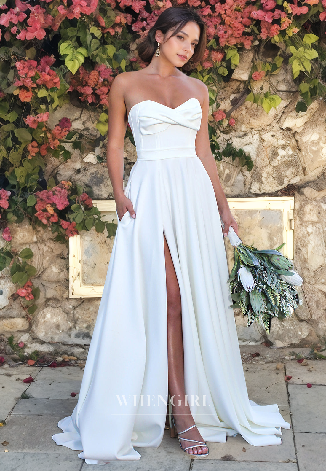A-Line Strapless Sleeveless Pleated Long Wedding Dress with High Side WhenGirl A-Line Strapless Sleeveless Pleated Long Wedding Dress with High Side WhenGirl