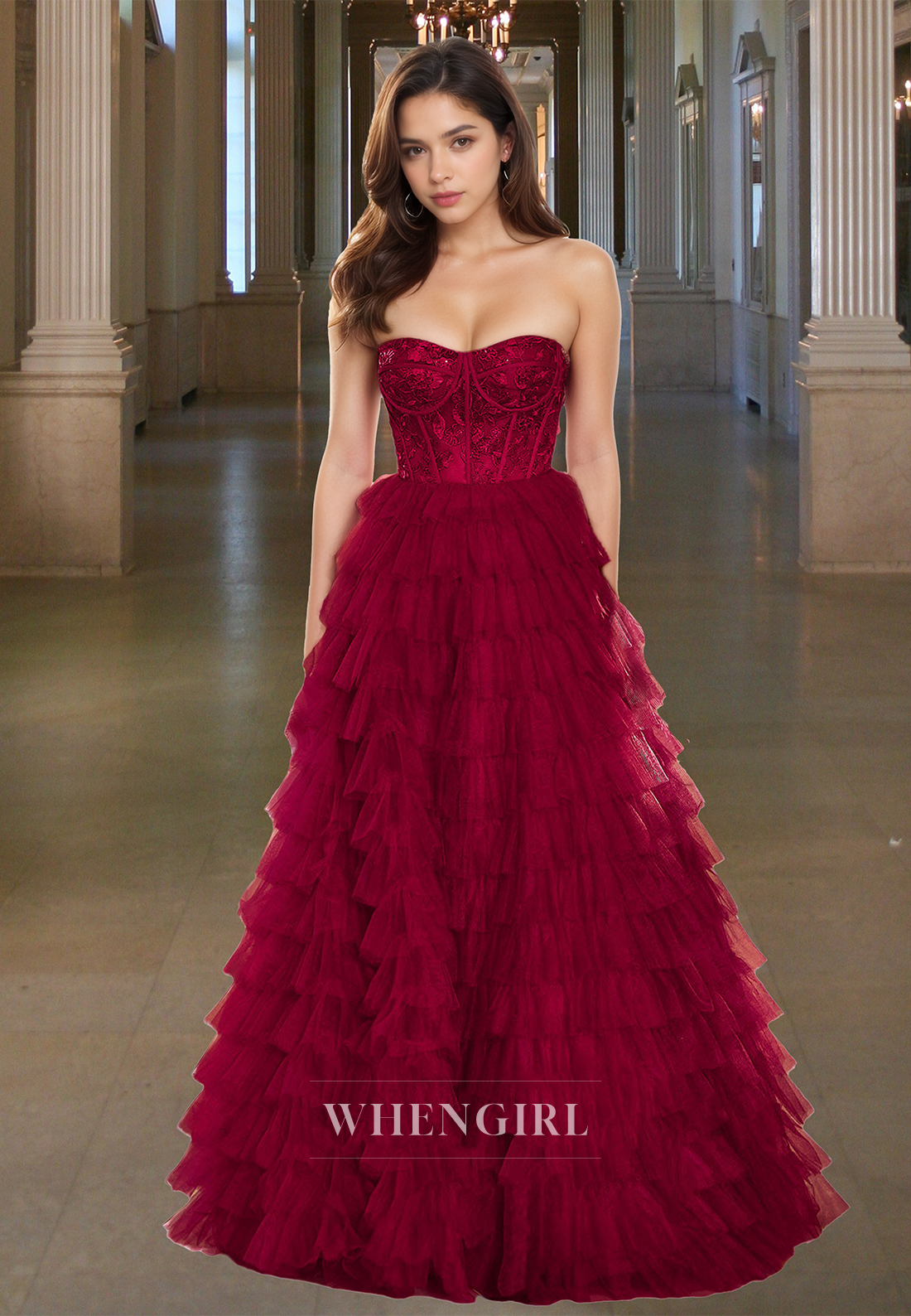 Elegant A-Line Sweetheart Sleeveless Tiered Lace Ball Gowns with Appliques Prom Dress