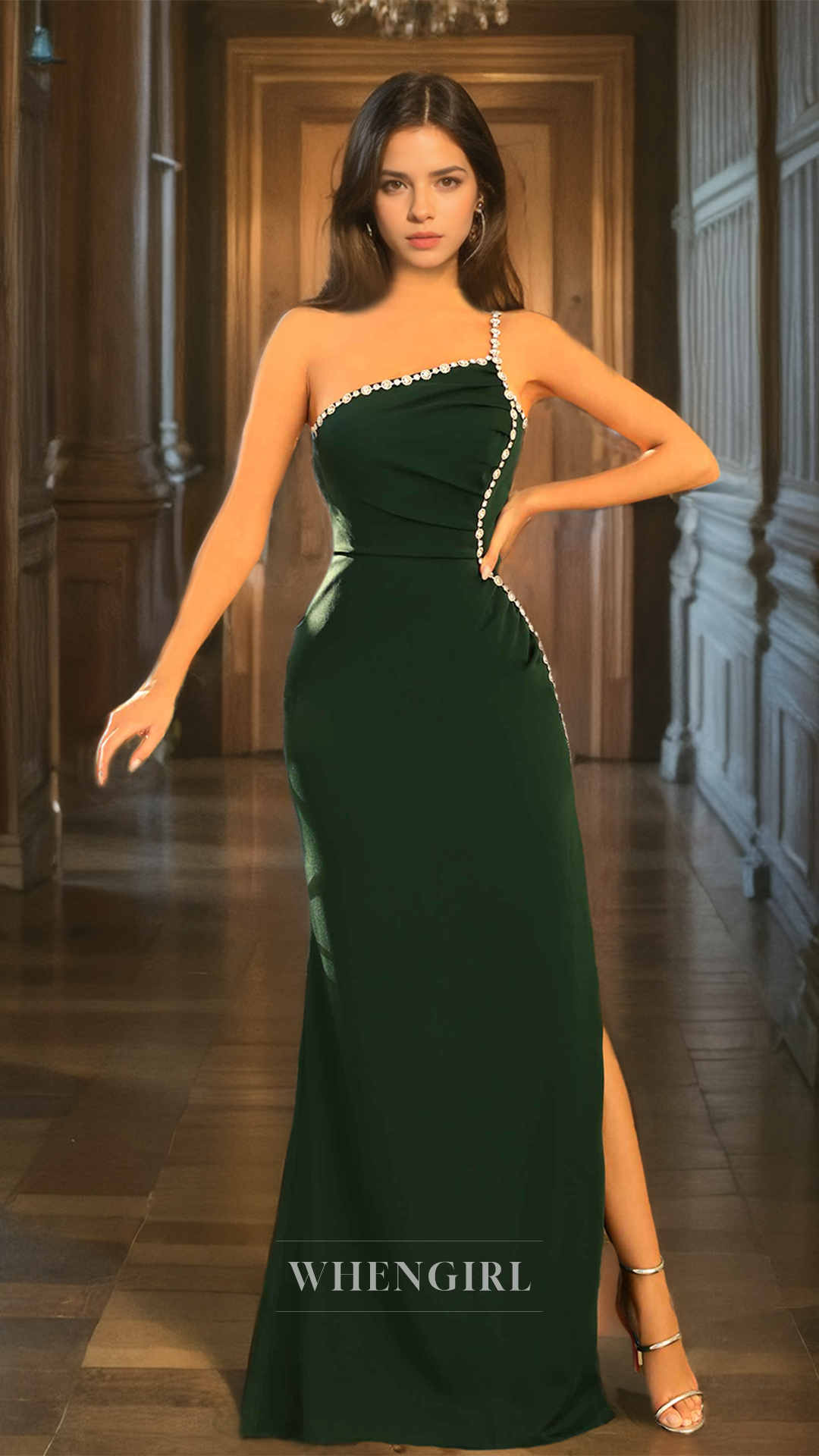 Asymmetrical Sheath Sleeveless High Split Sweep Train Satin Prom Dress with Beaded Evening Dress