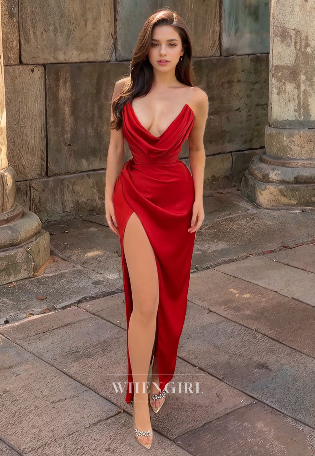 Sheath V Neck Sleeveless Pleated Long Prom Dress with High Side Slit