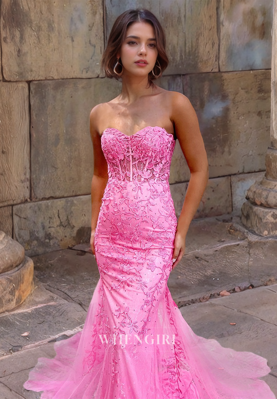 Mermaid Strapless Sleeveless Appliques Long Prom Dress with Train