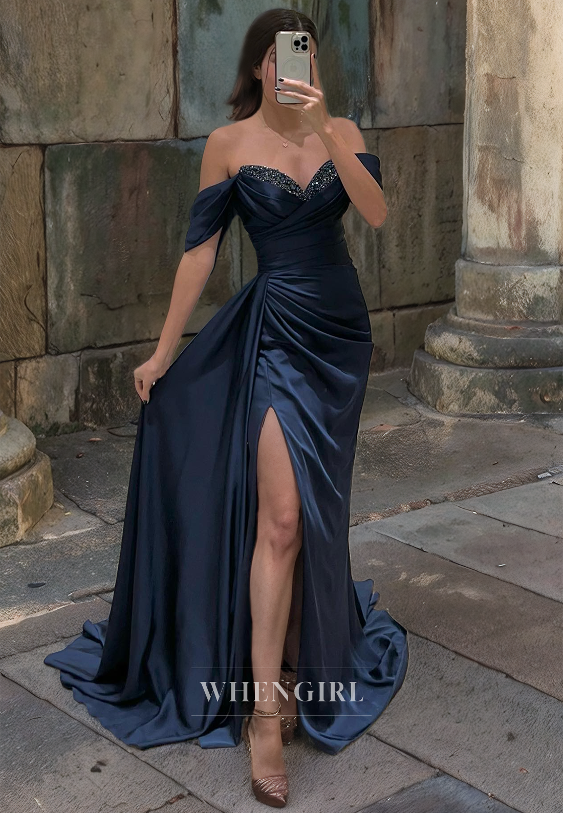 Sheath Off Shoulder Sleeveless Pleated Beaded Long Prom Dress with High Side Slit and Train